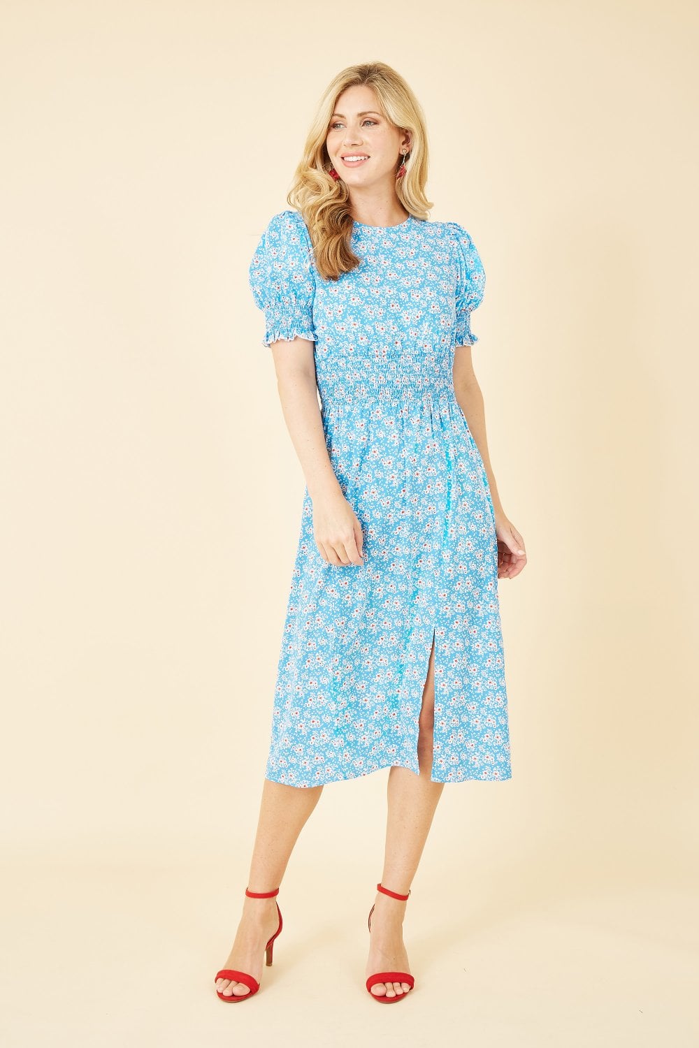 Mela Blue Floral Print Shirred Waist Midi Dress Mela