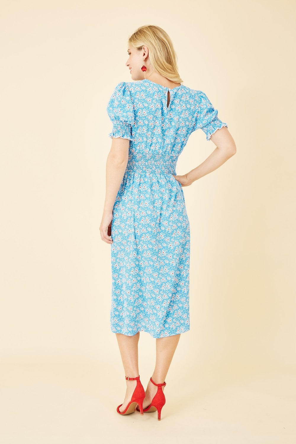 Mela Blue Floral Print Shirred Waist Midi Dress Mela