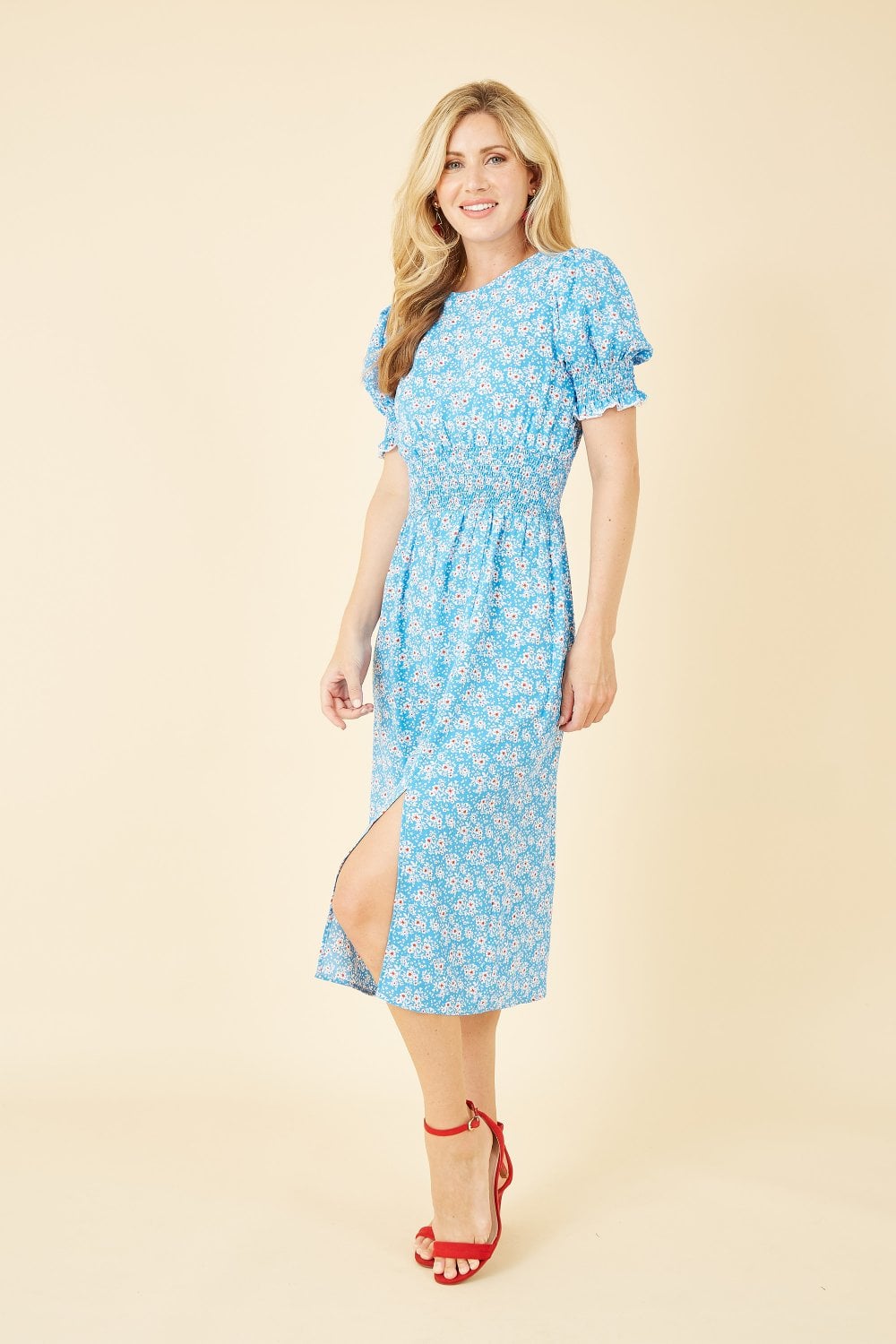 Mela Blue Floral Print Shirred Waist Midi Dress Mela