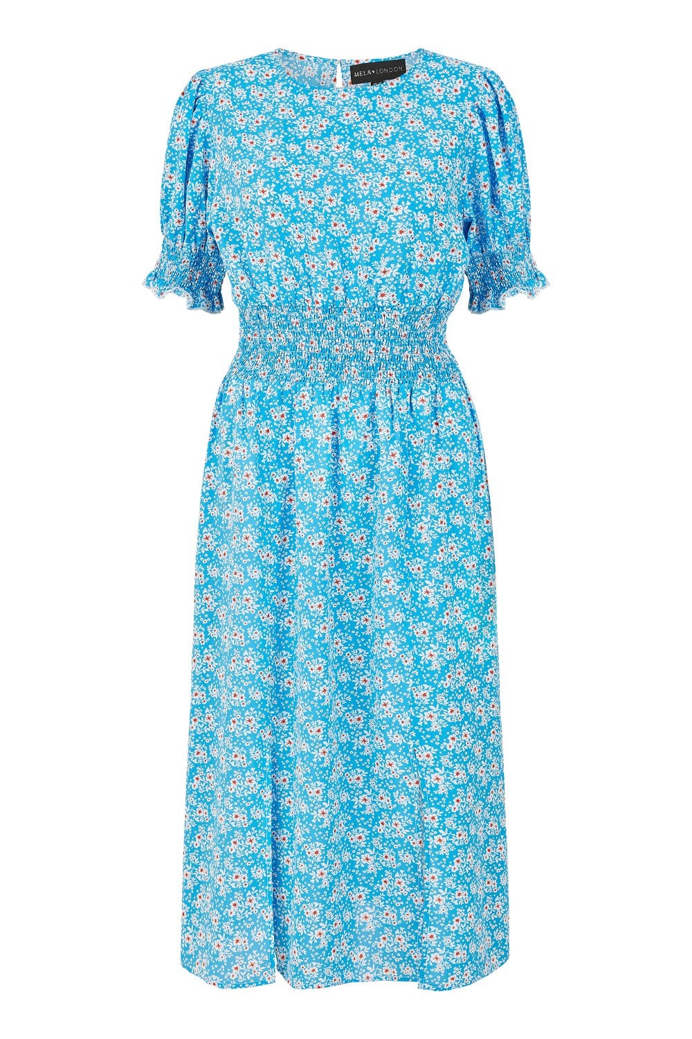 Mela Blue Floral Print Shirred Waist Midi Dress Mela