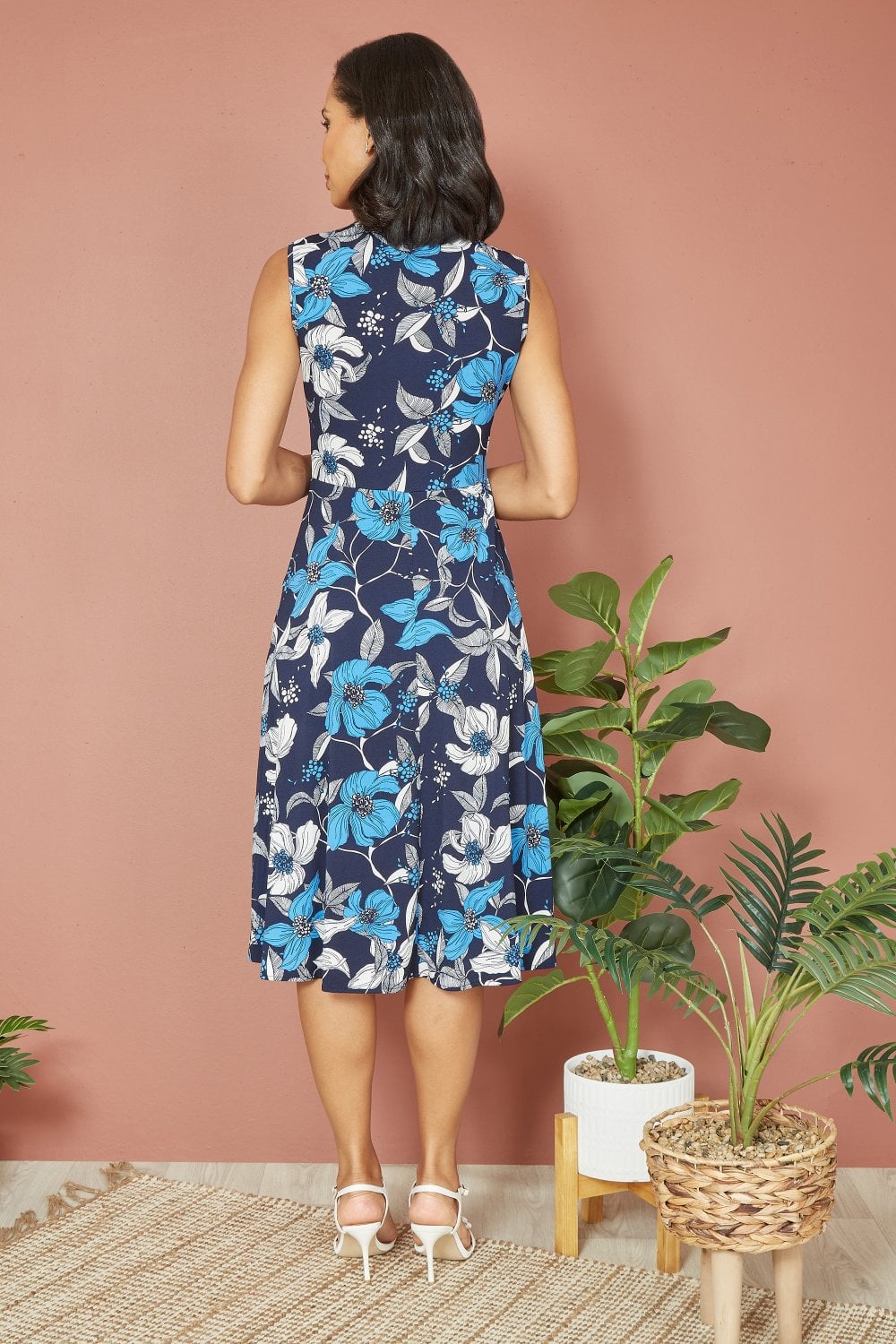 Mela Blue Floral Print Stretch Wrap Over Midi Dress With Pockets Mela