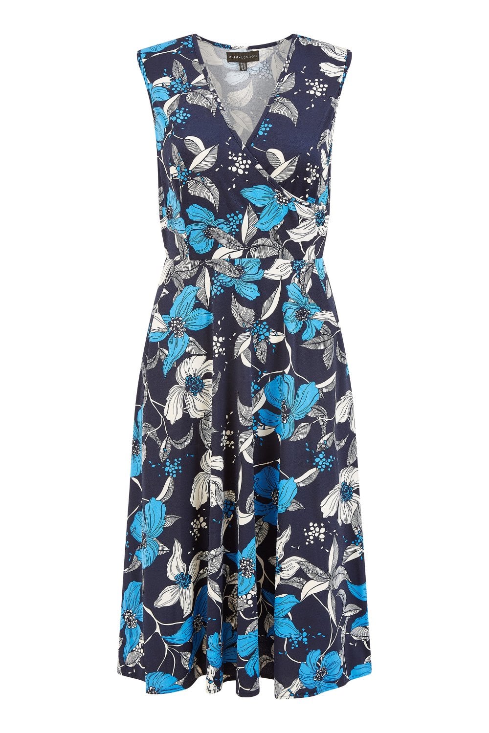 Mela Blue Floral Print Stretch Wrap Over Midi Dress With Pockets Mela