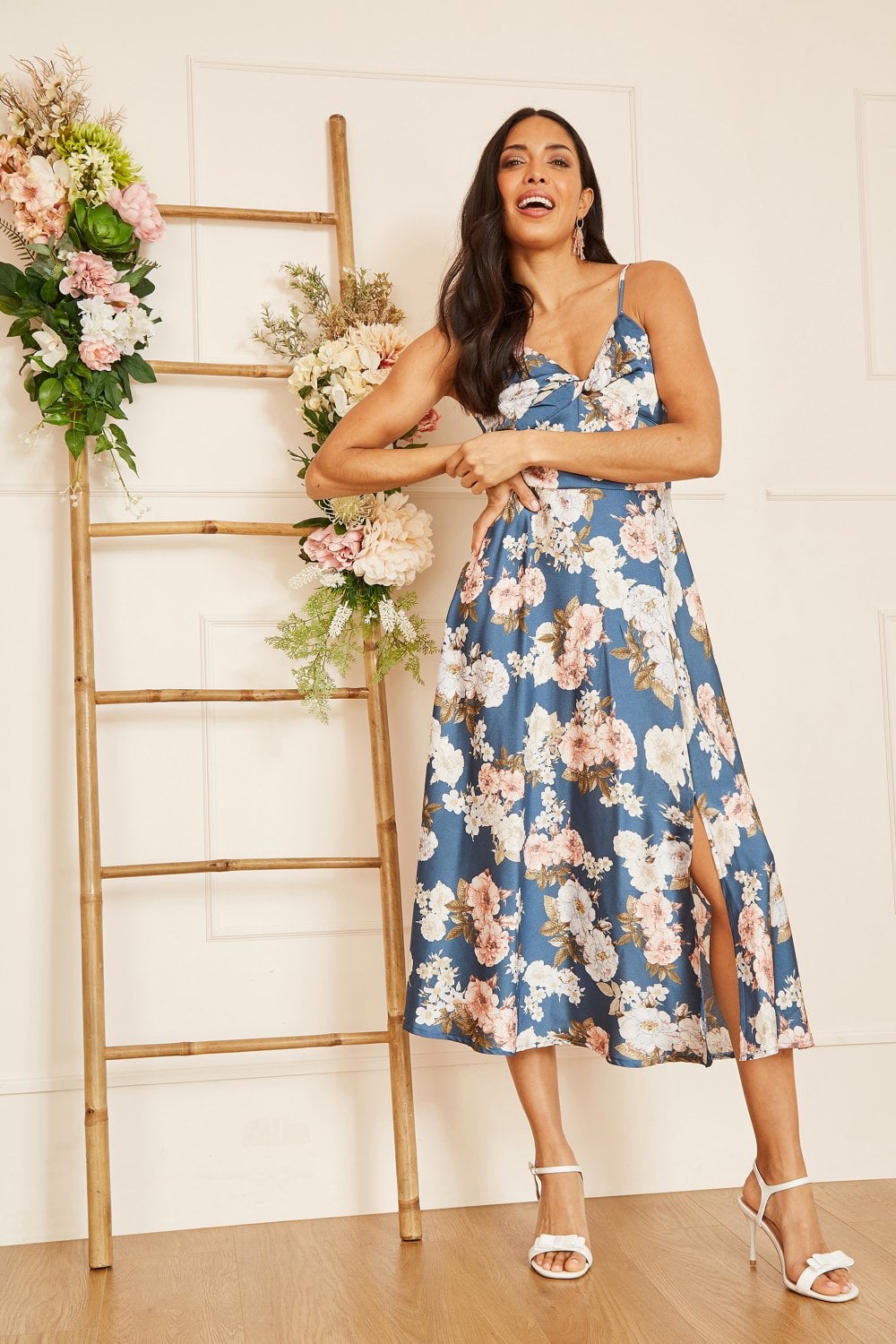 Mela Blue Floral Satin Twist Front Midi Dress Mela