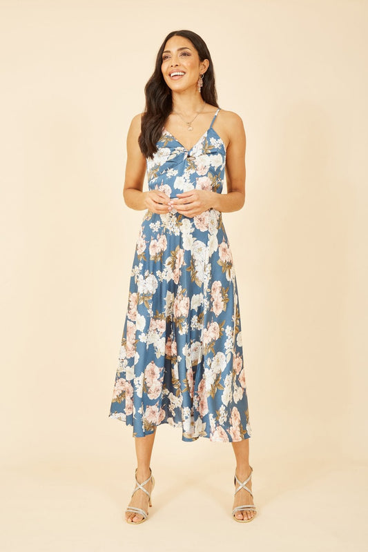 Mela Blue Floral Satin Twist Front Midi Dress Mela