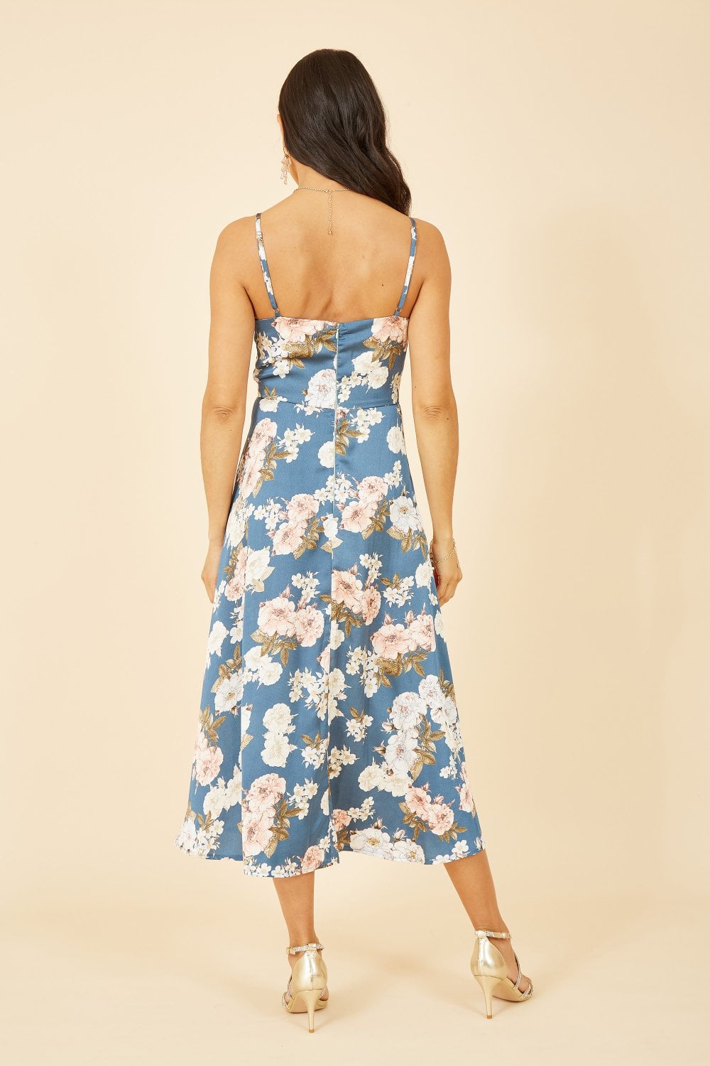 Mela Blue Floral Satin Twist Front Midi Dress Mela