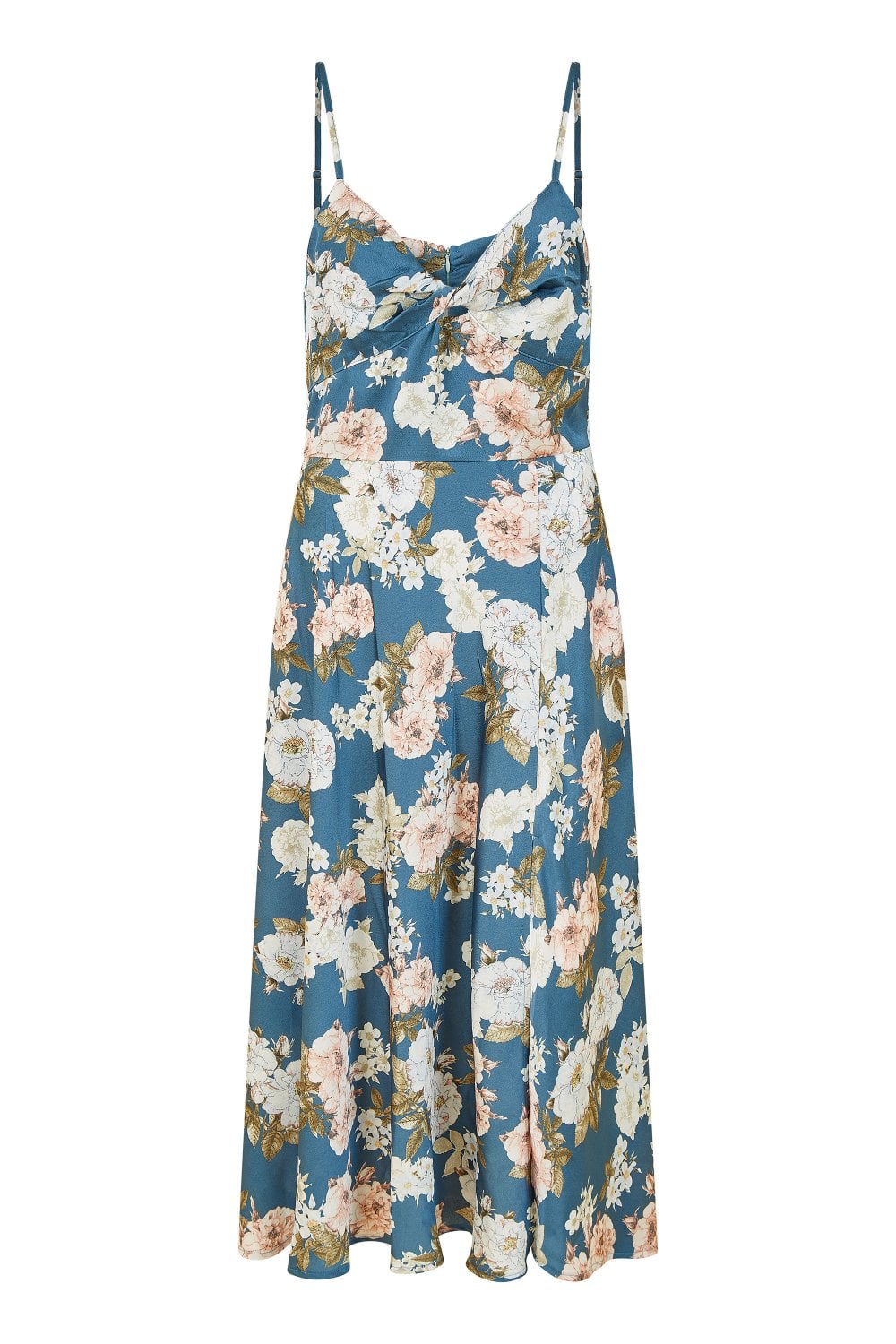 Mela Blue Floral Satin Twist Front Midi Dress Mela