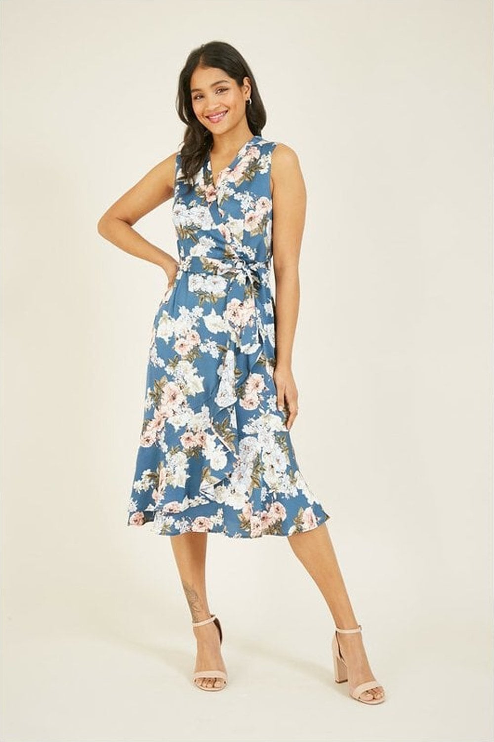 Mela Blue Floral Satin Wrap Midi Dress Yumi