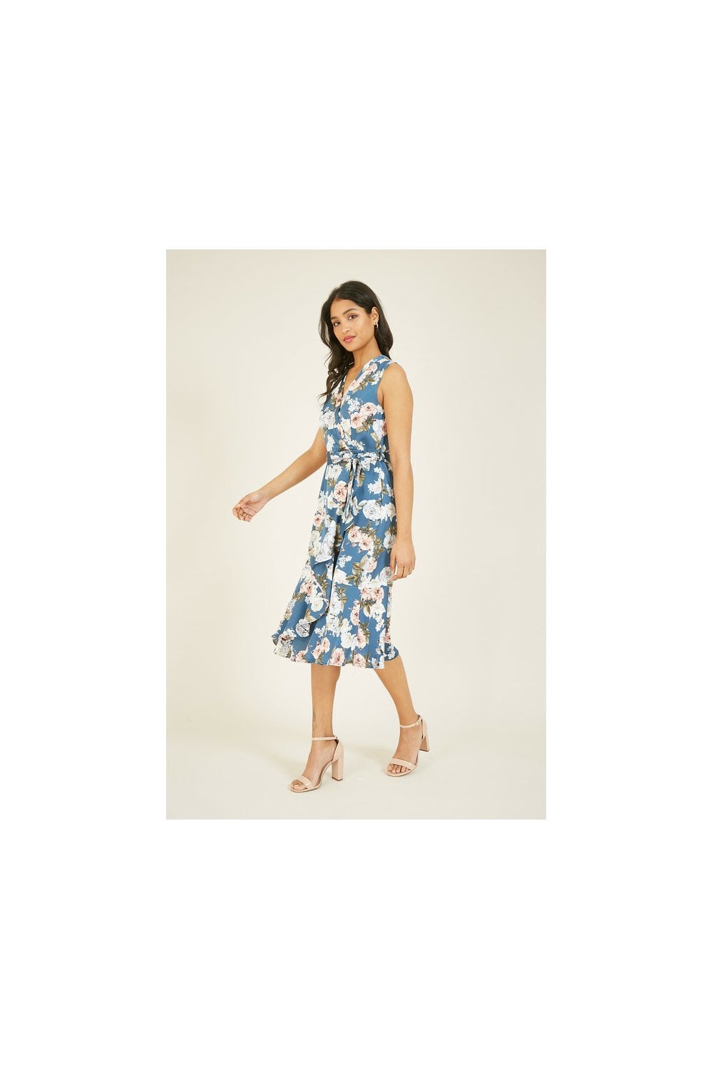 Mela Blue Floral Satin Wrap Midi Dress Yumi