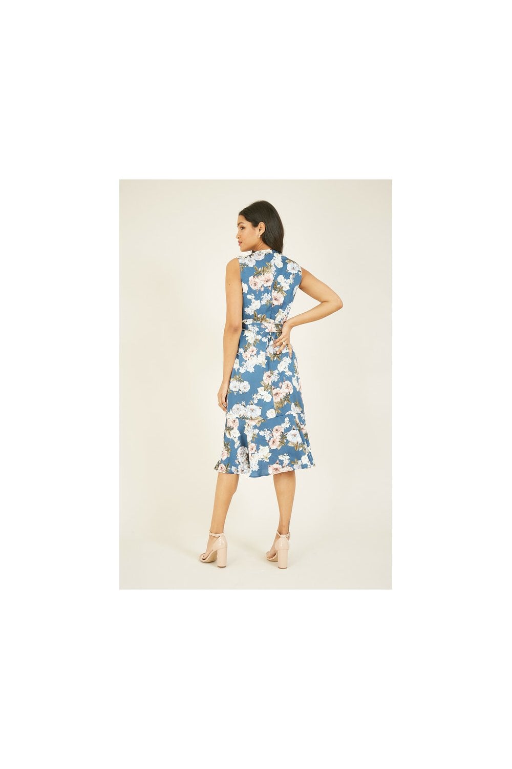 Mela Blue Floral Satin Wrap Midi Dress Yumi