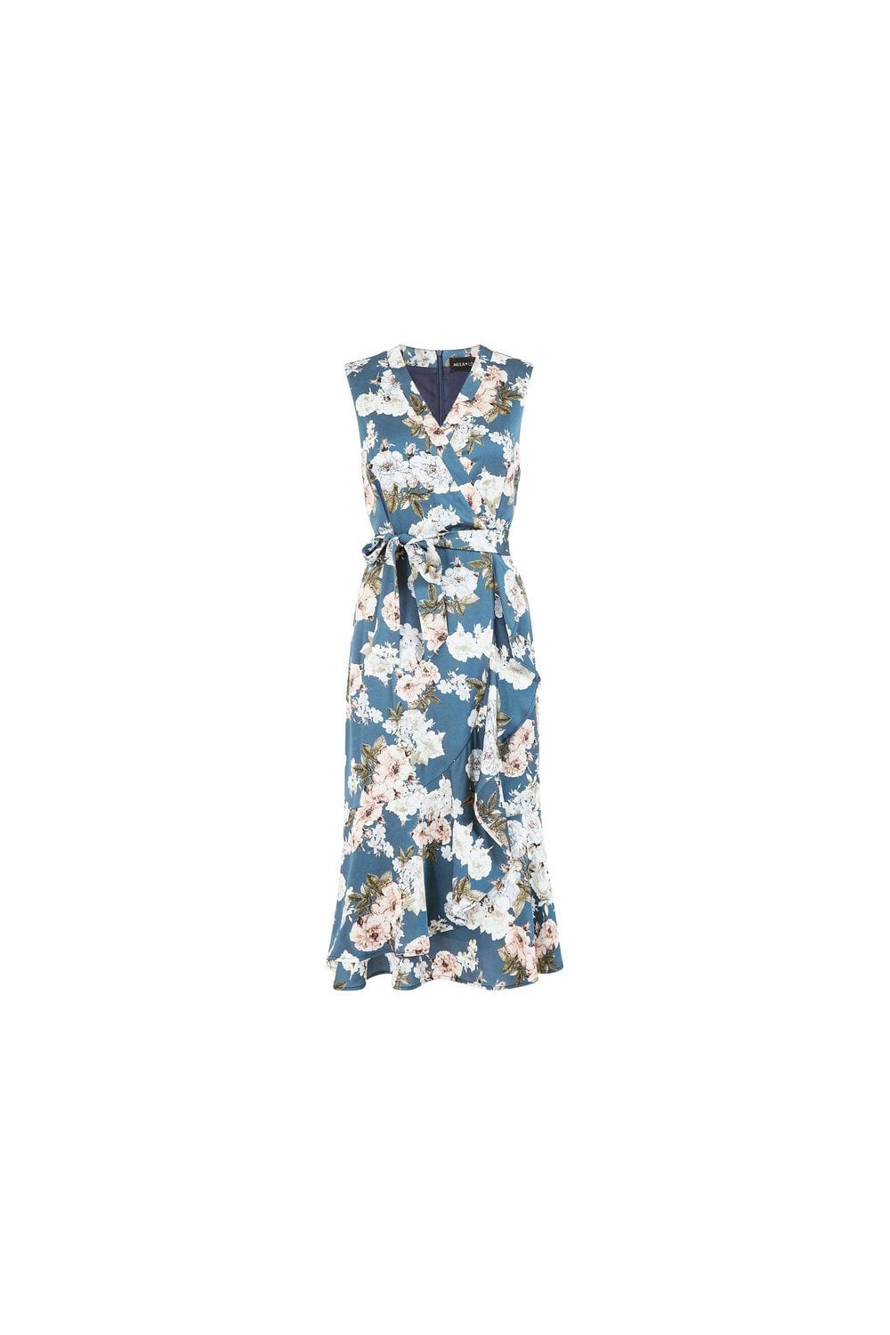 Mela Blue Floral Satin Wrap Midi Dress Yumi