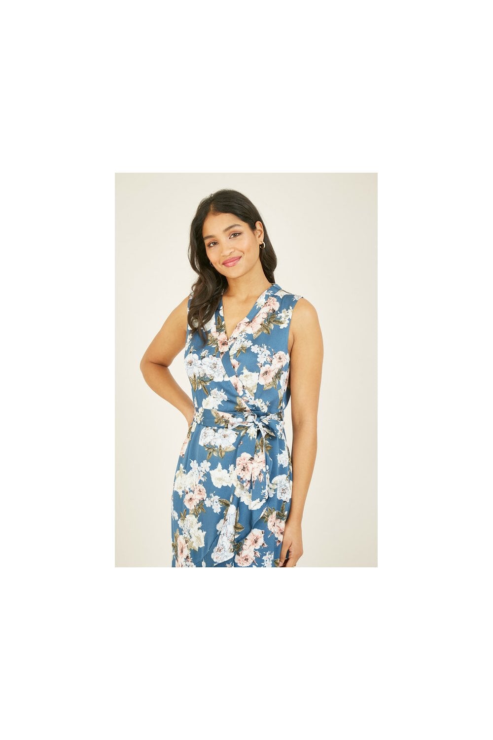 Mela Blue Floral Satin Wrap Midi Dress Yumi