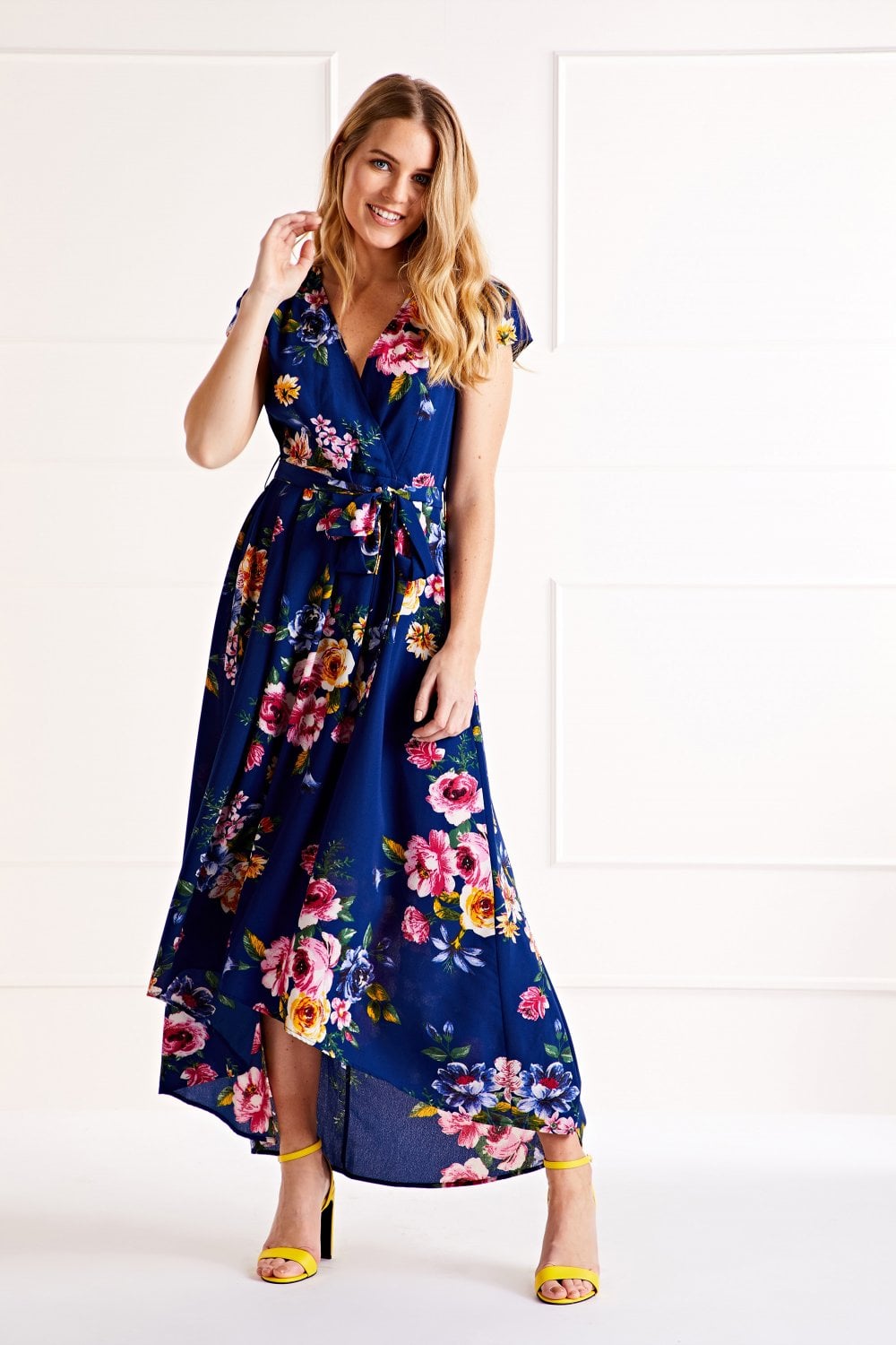 Mela Blue Floral Wrap Over Dipped Hem Midi Dress Mela