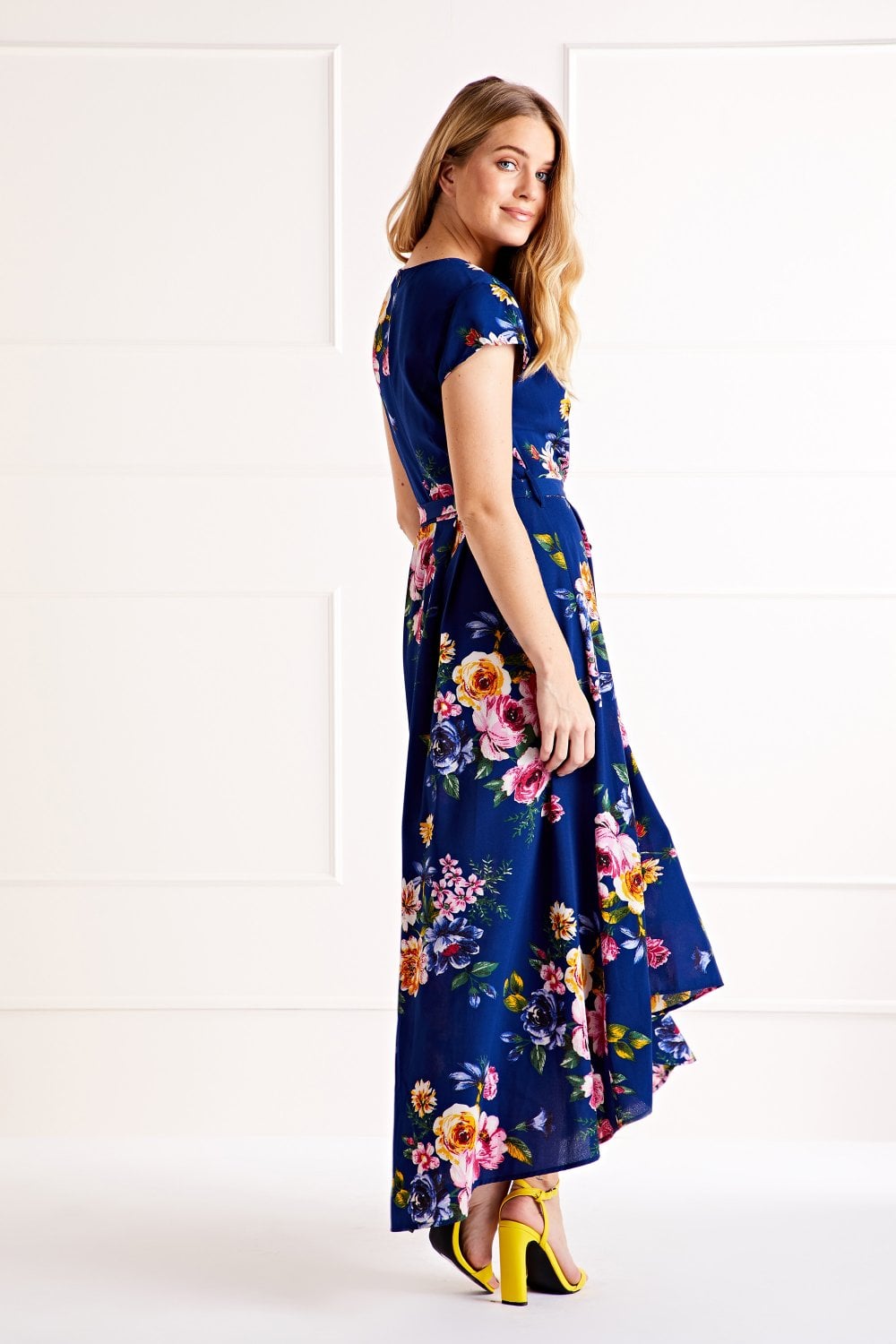 Mela Blue Floral Wrap Over Dipped Hem Midi Dress Mela