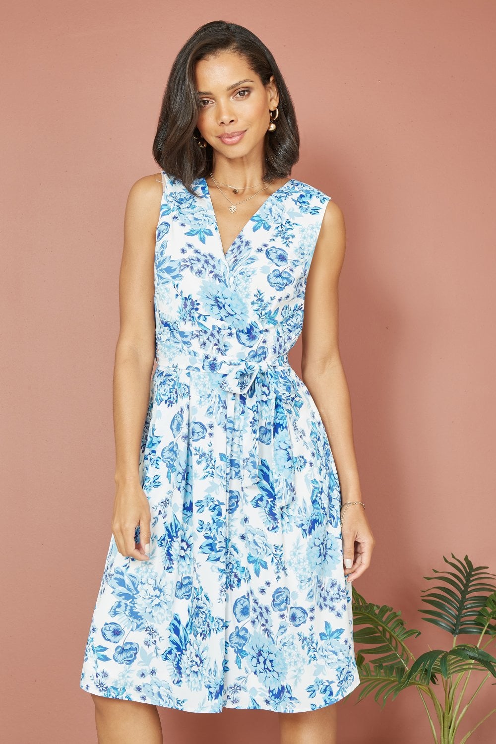 Mela Blue Floral Wrap Over Skater Dress Mela