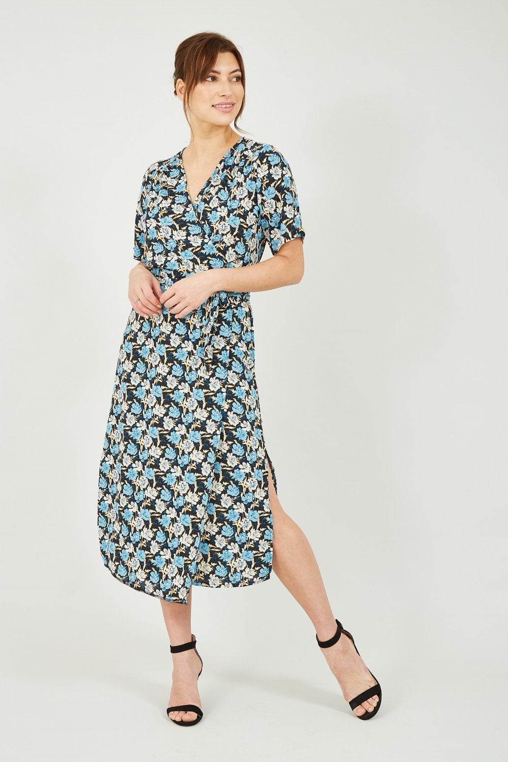 Mela Blue Flower Wrap Midi Dress Yumi