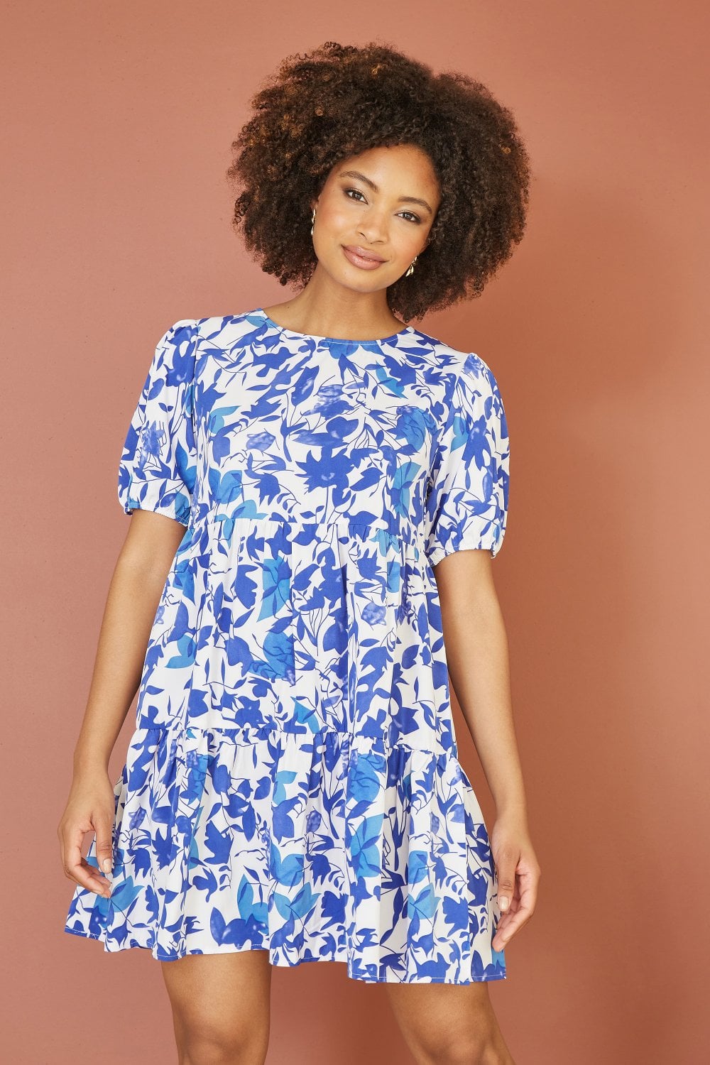 Mela Blue Leaf Print Tunic Skater Dress Mela