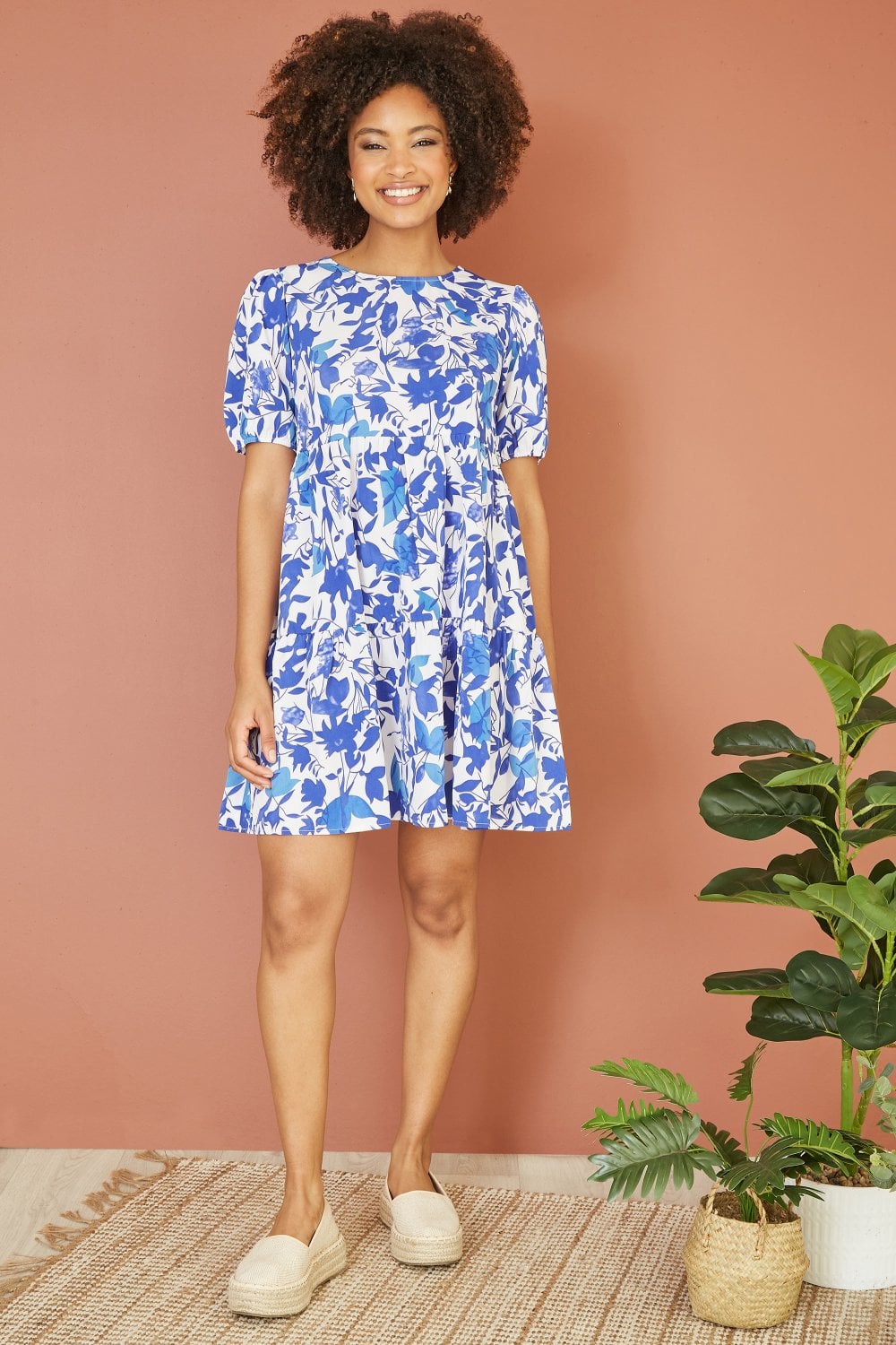 Mela Blue Leaf Print Tunic Skater Dress Mela