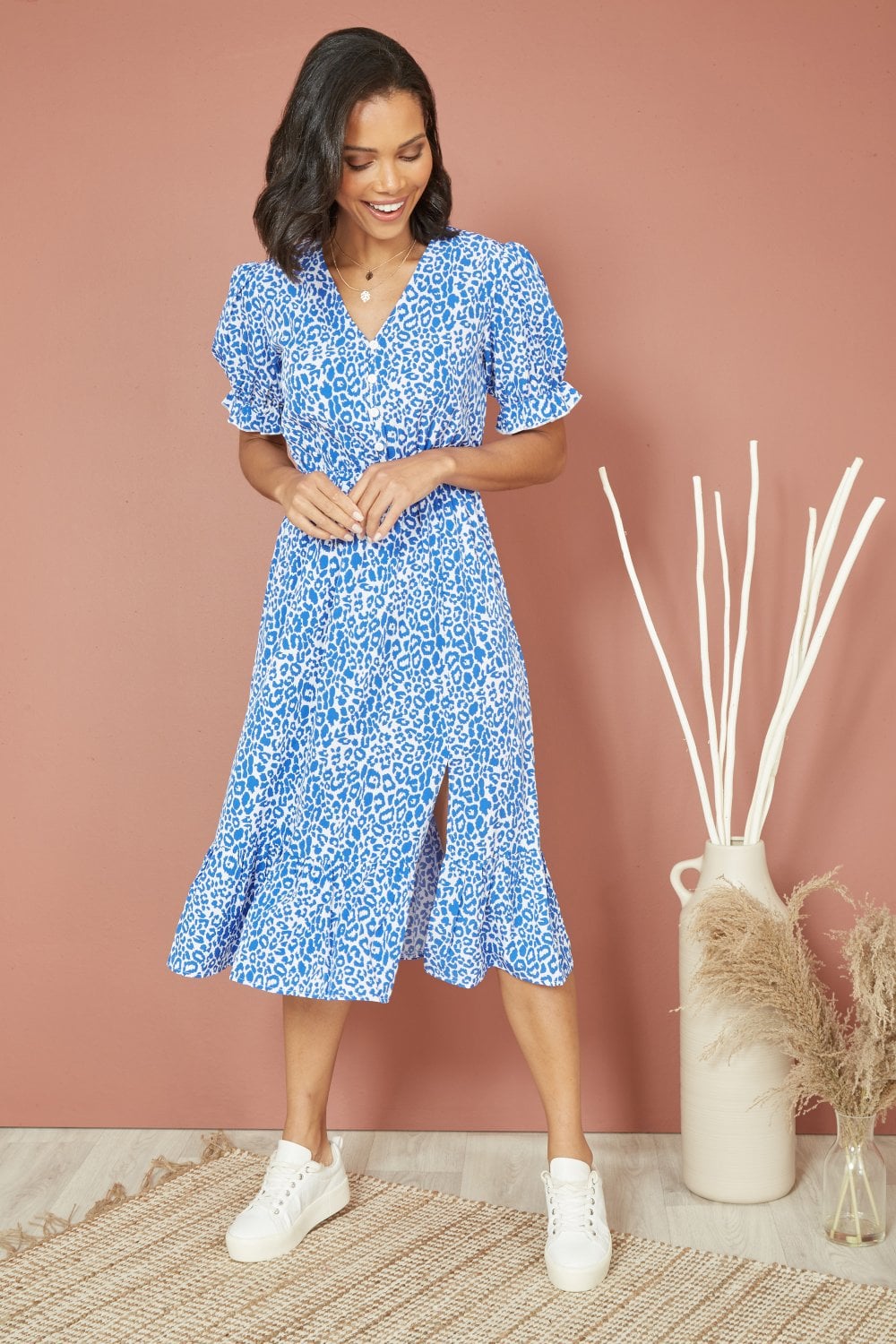 Mela Blue Leopard Print Midi Dress With Puff Sleeves and Split Hem Mela