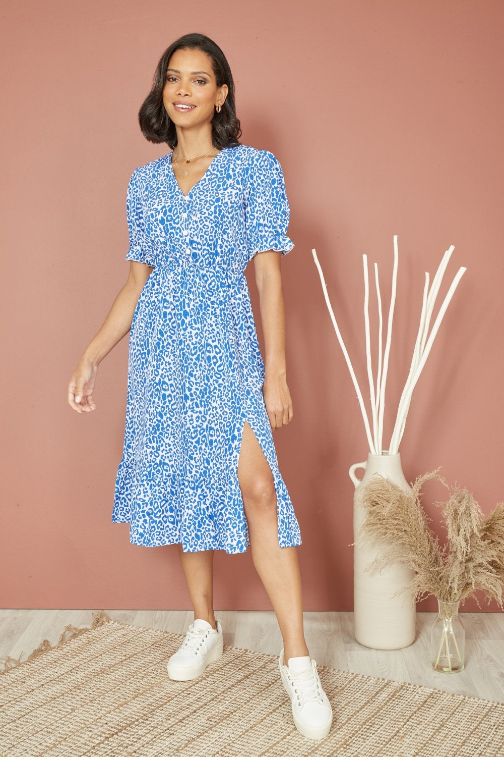 Mela Blue Leopard Print Midi Dress With Puff Sleeves and Split Hem Mela