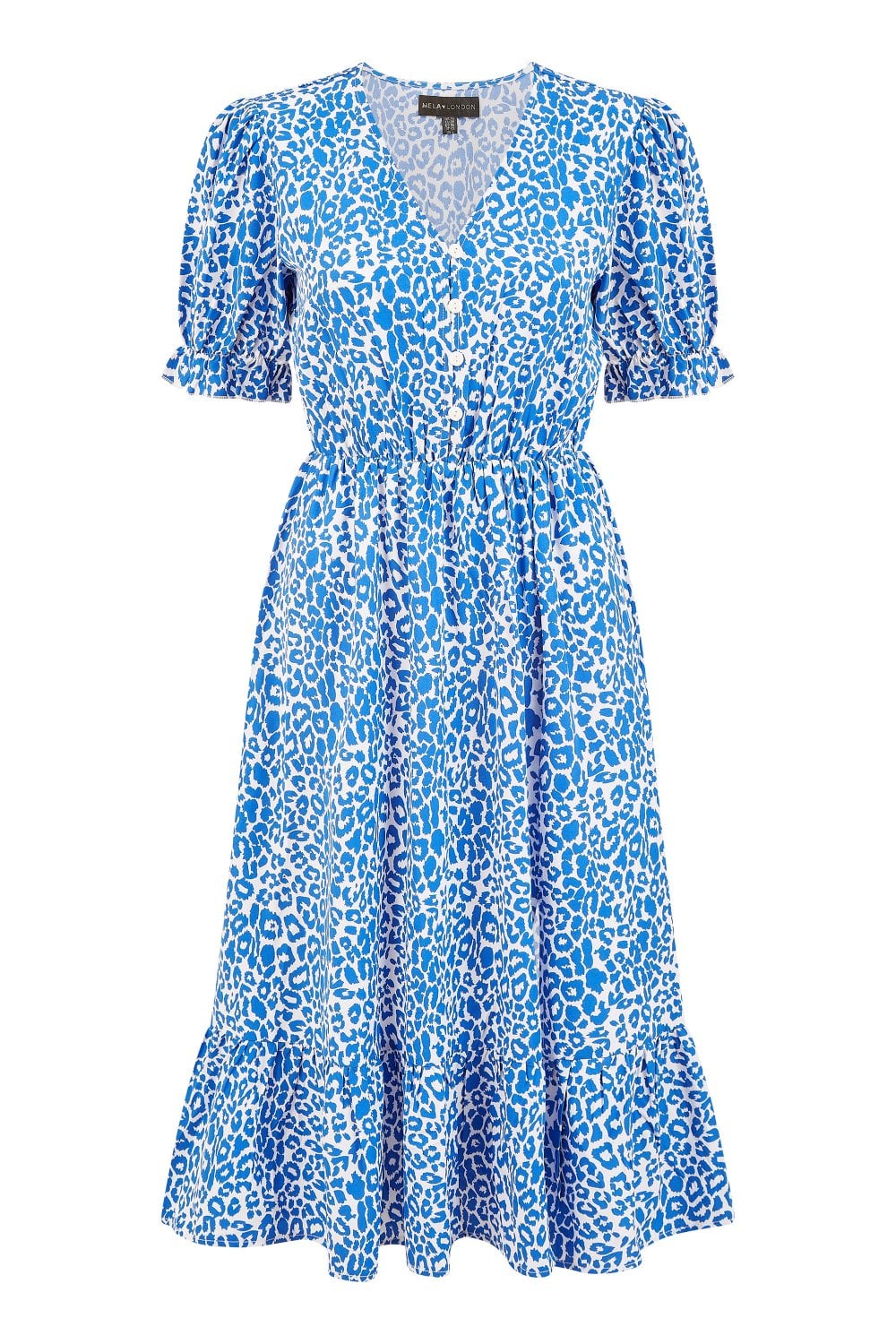 Mela Blue Leopard Print Midi Dress With Puff Sleeves and Split Hem Mela