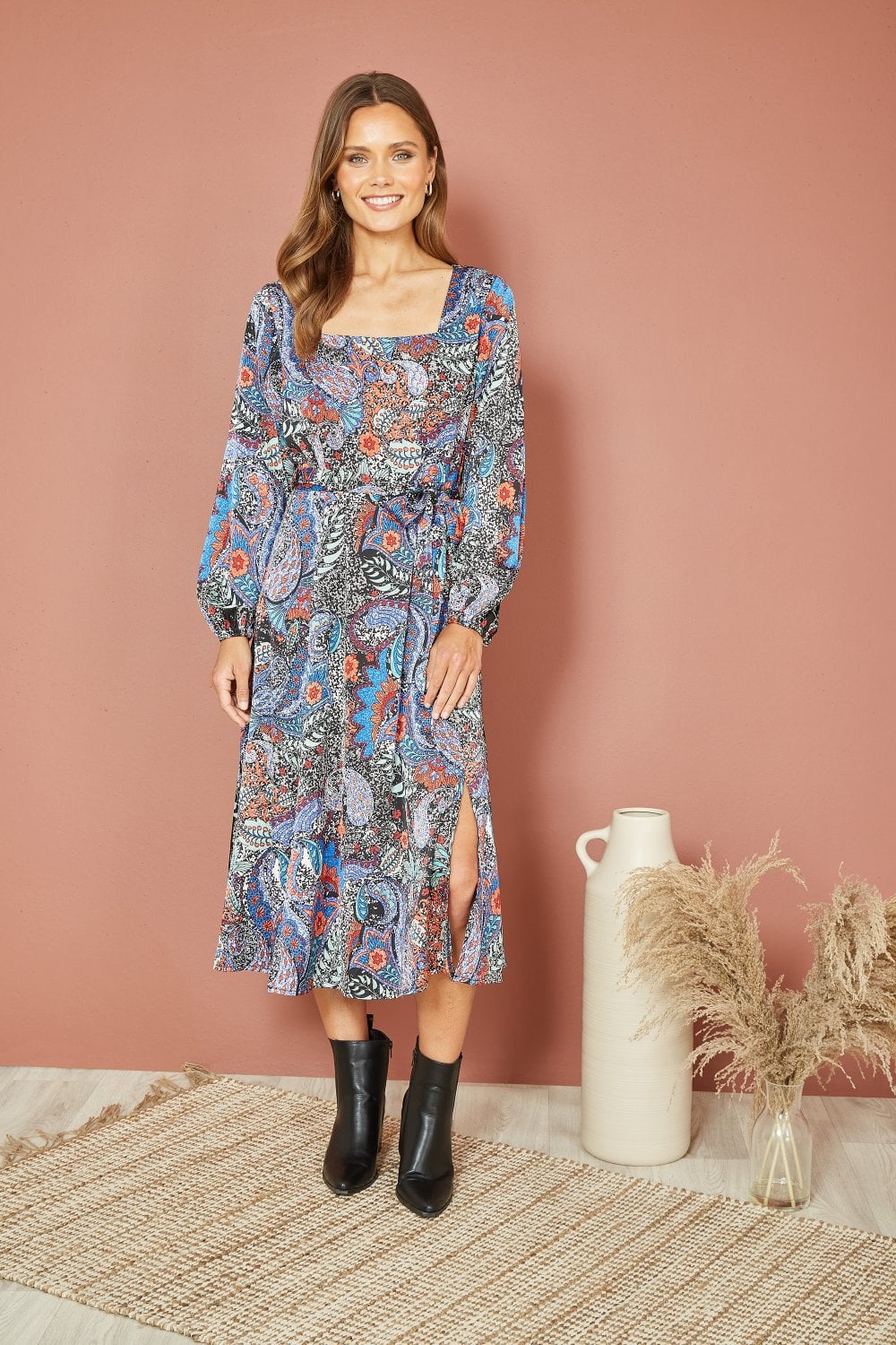 Mela Blue Paisley Print Long Sleeve Midi Dress Mela