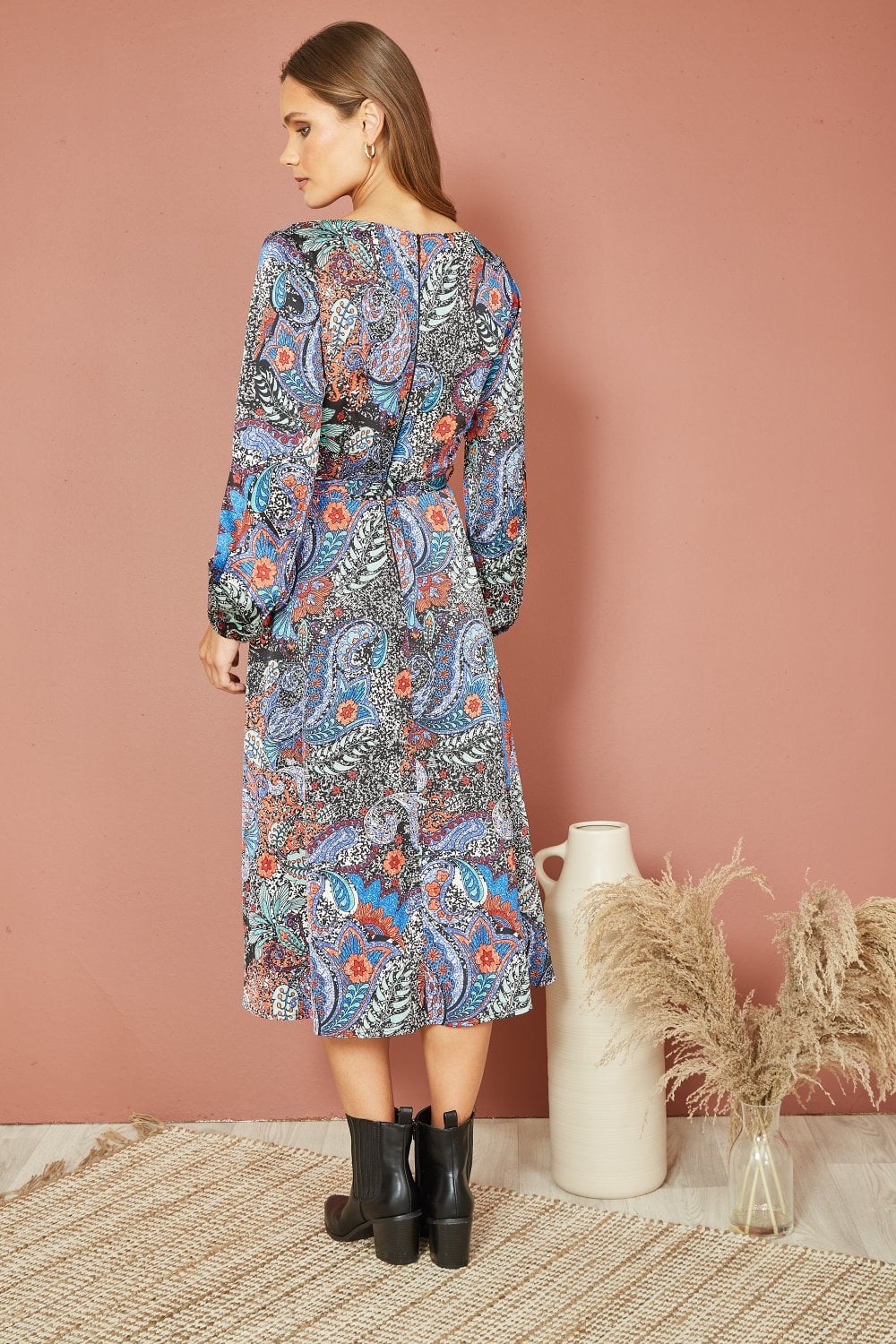 Mela Blue Paisley Print Long Sleeve Midi Dress Mela