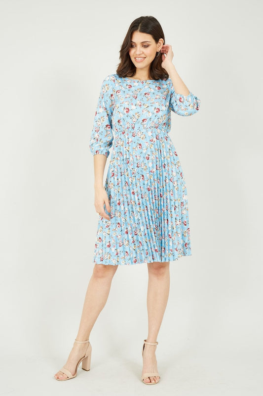 Mela Blue Pleated Skirt Skater Dress With Rose Print Yumi