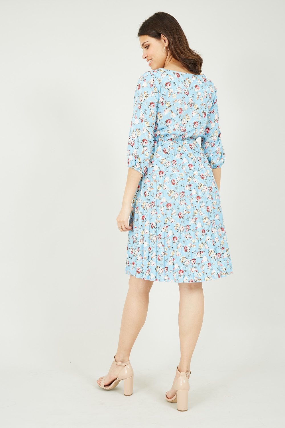 Mela Blue Pleated Skirt Skater Dress With Rose Print Yumi