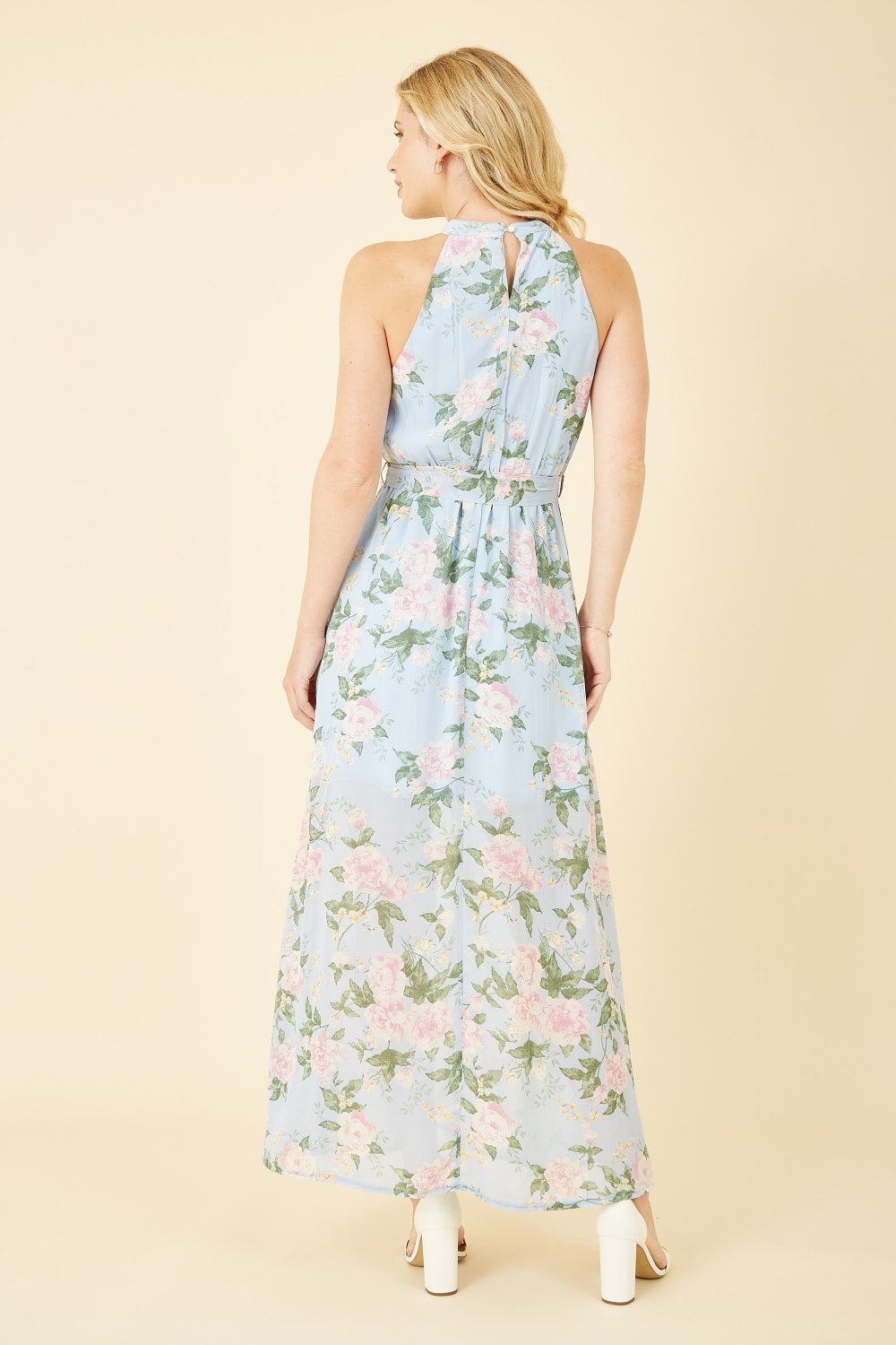 Mela Blue Rose Print Halter neck Maxi Dress Yumi