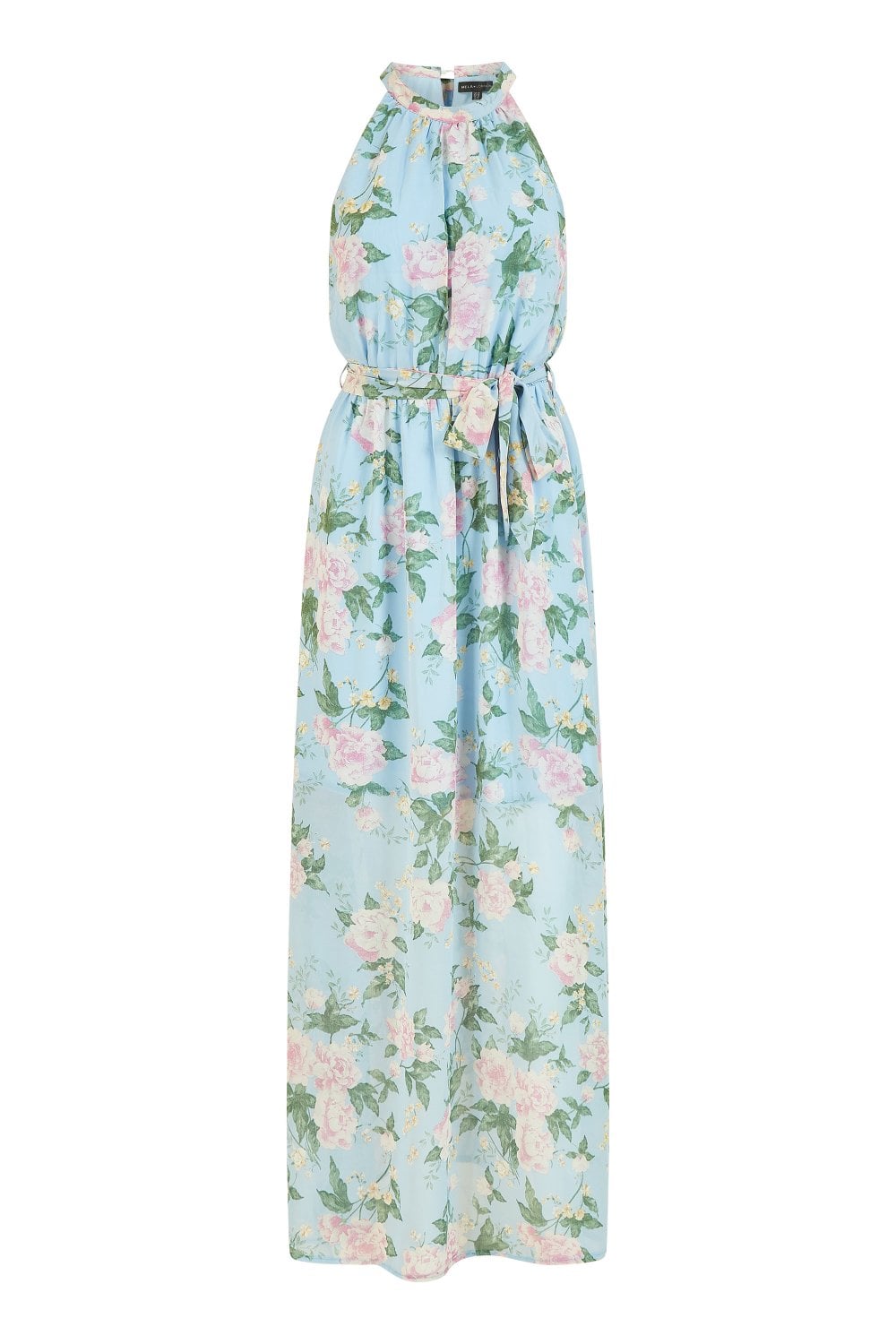 Mela Blue Rose Print Halter neck Maxi Dress Yumi