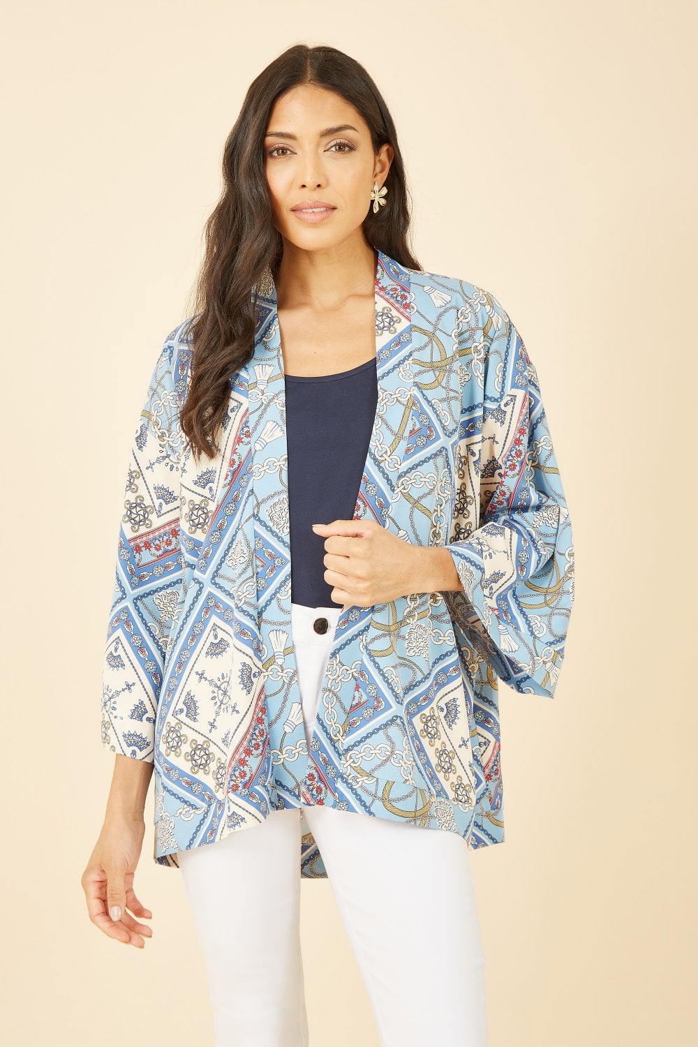 Mela Blue Satin Chain Print Kimono Yumi