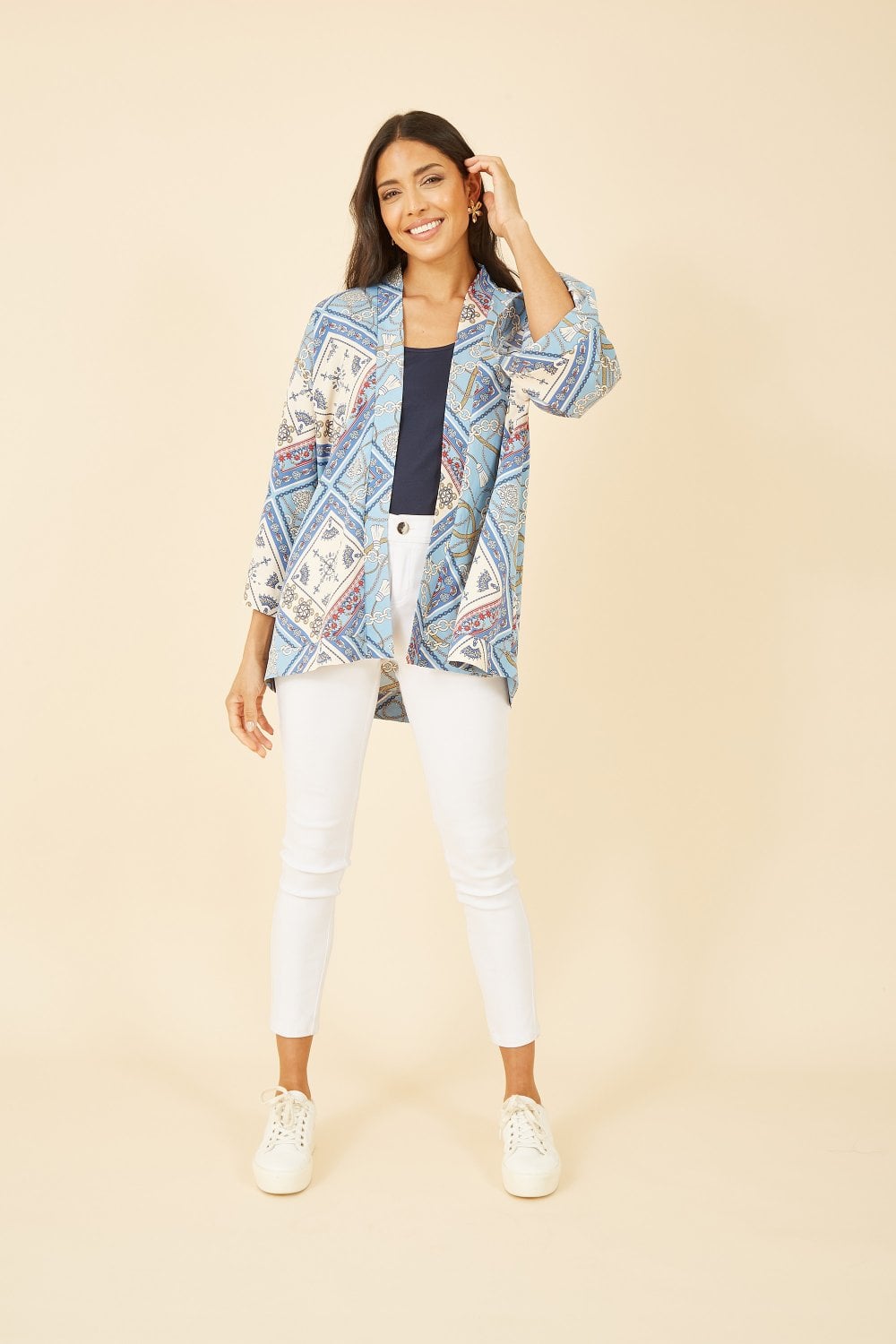 Mela Blue Satin Chain Print Kimono Yumi