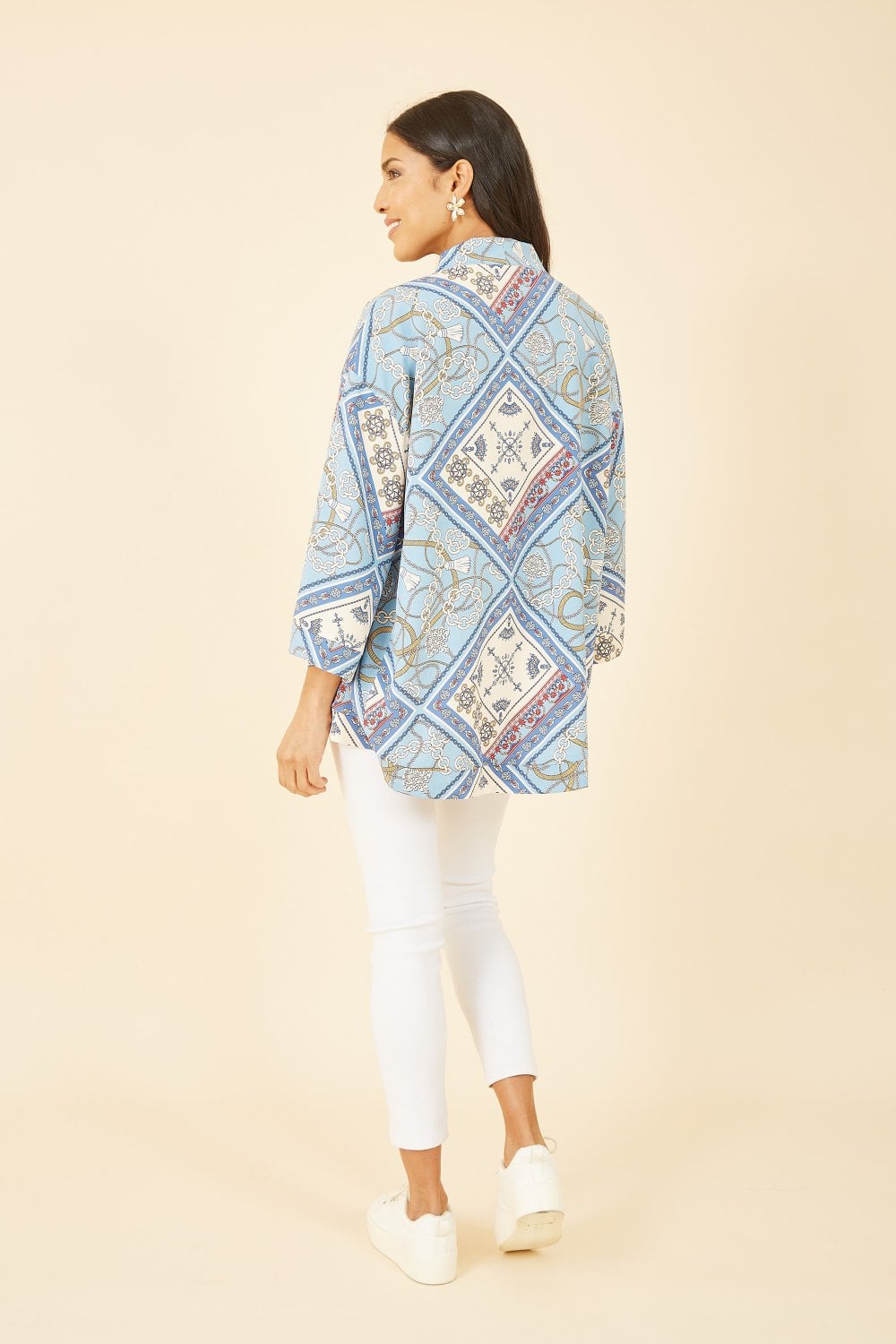 Mela Blue Satin Chain Print Kimono Yumi