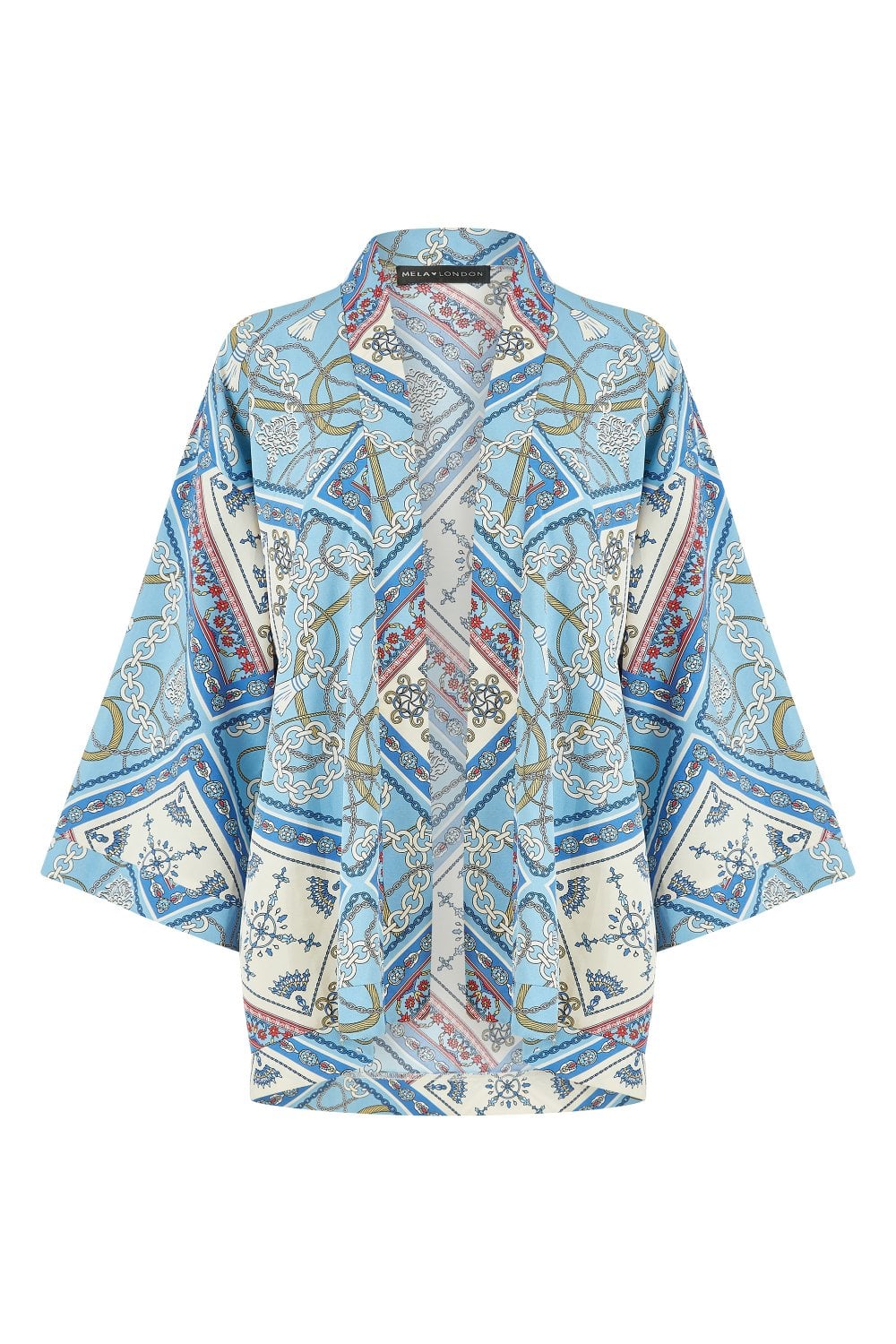 Mela Blue Satin Chain Print Kimono Yumi