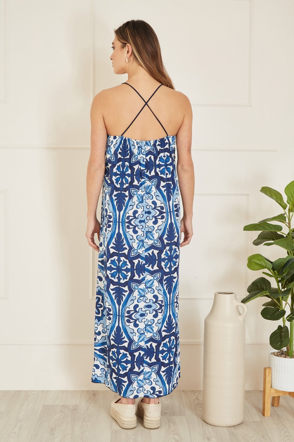 Mela Blue Tile Print Maxi Dress With Side Split Hem Mela