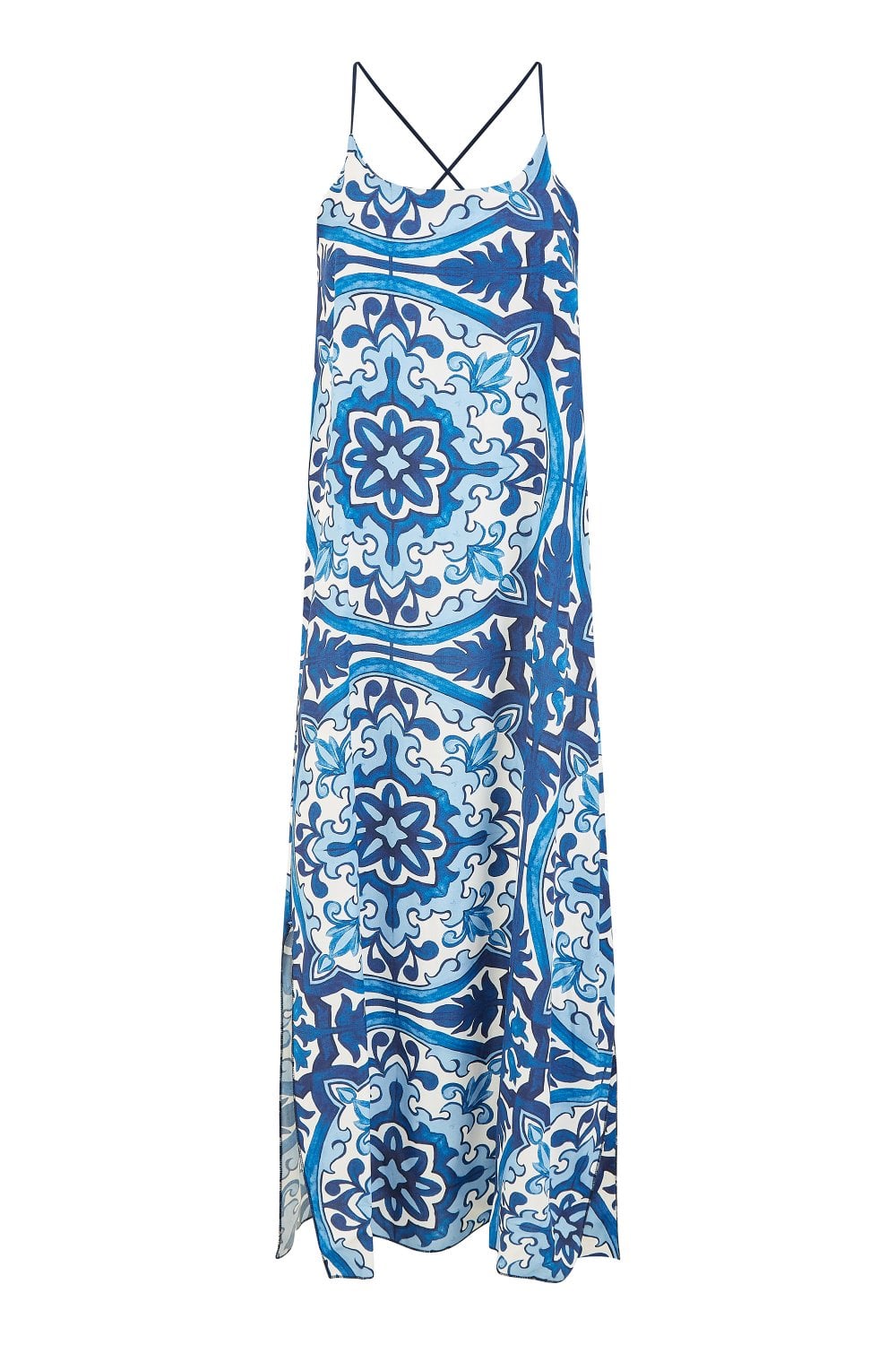 Mela Blue Tile Print Maxi Dress With Side Split Hem Mela