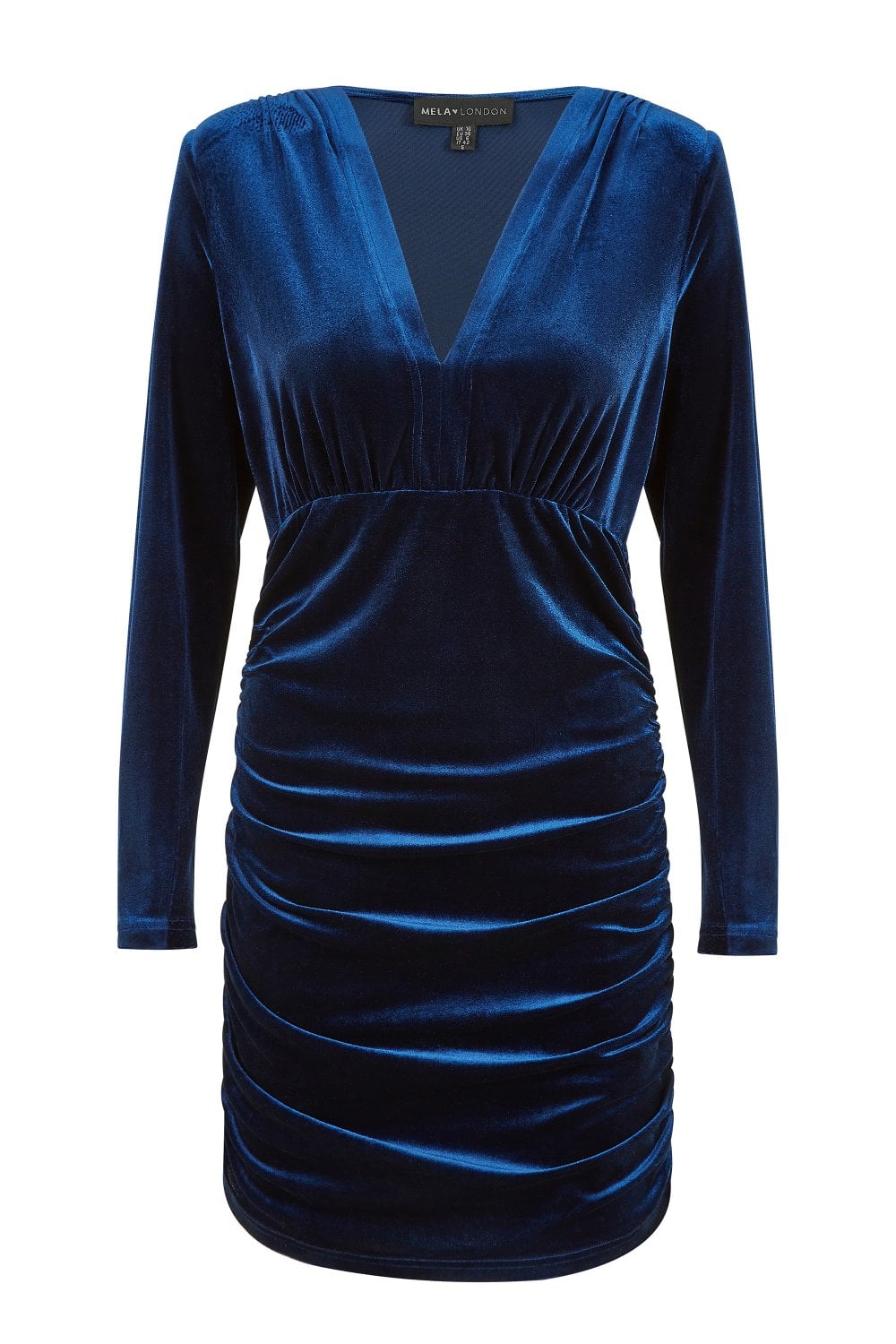 Mela Blue Velvet Long Sleeve Ruched Fitted Dress Mela