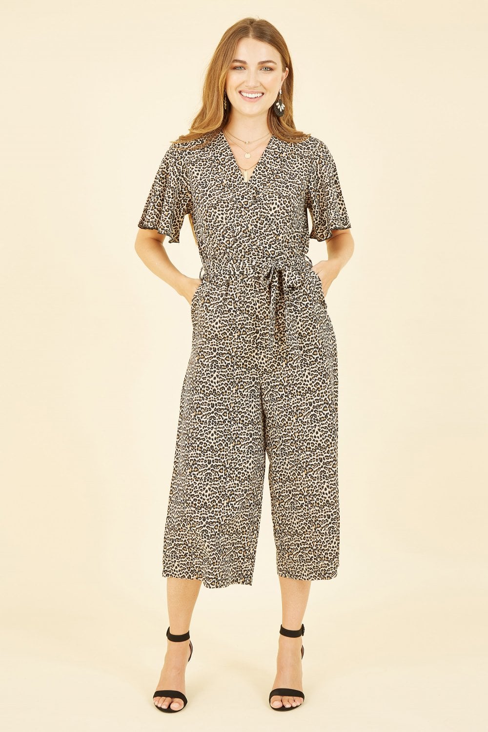 Mela Brown Animal Print Jumpsuit With Angel Sleeves Yumi