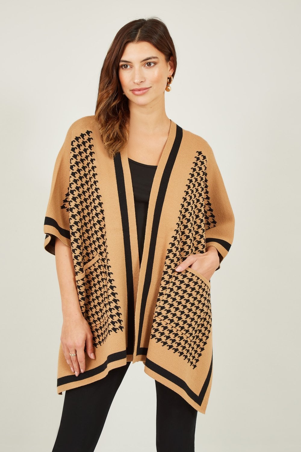 Mela Brown Check and Stripe Knitted Cape Mela