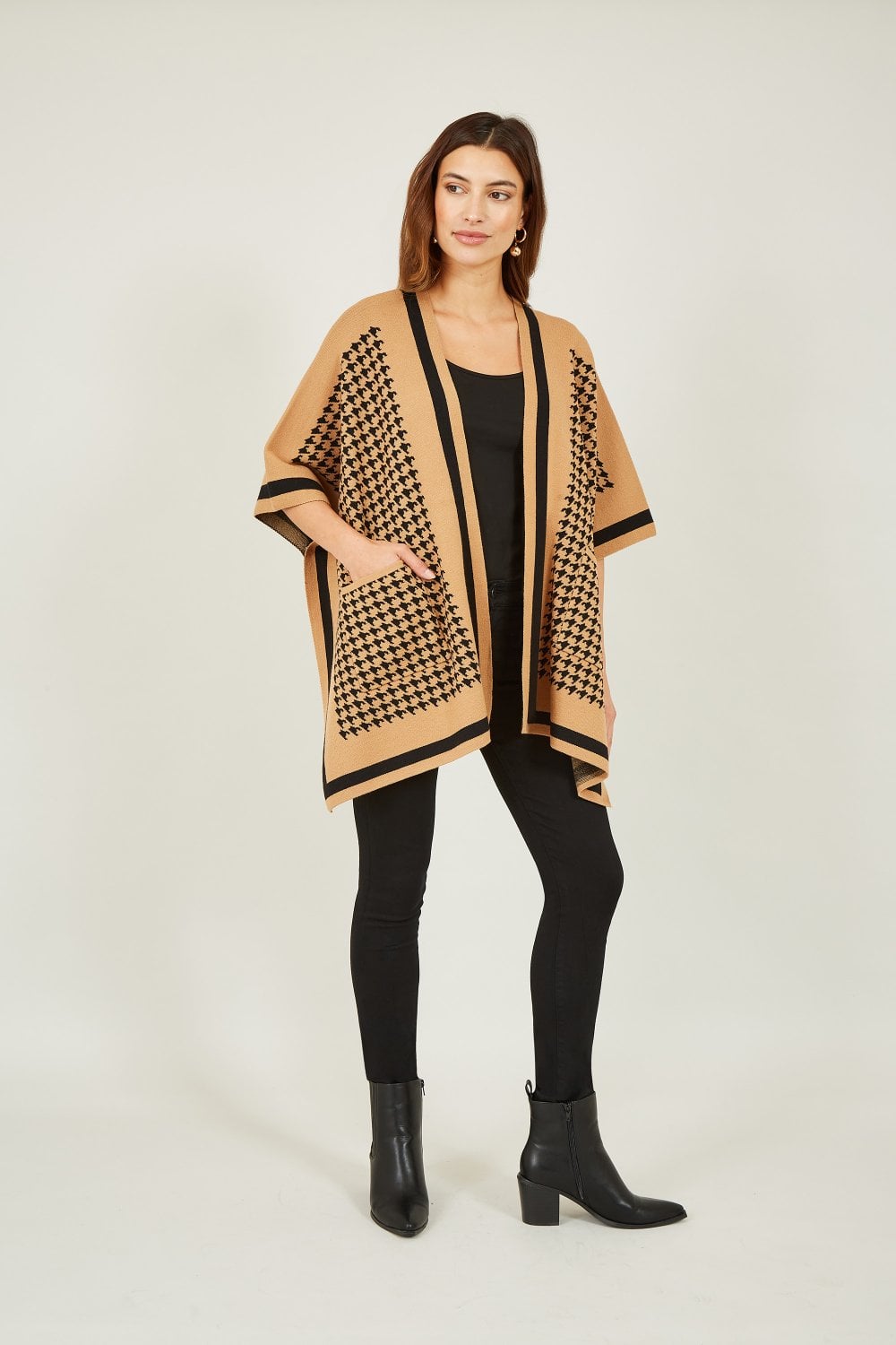 Mela Brown Check and Stripe Knitted Cape Mela