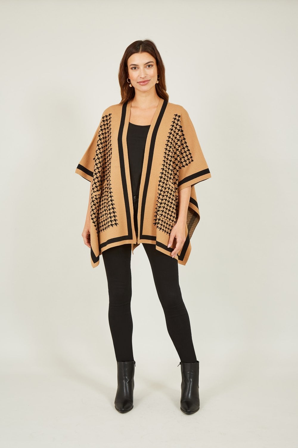 Mela Brown Check and Stripe Knitted Cape Mela