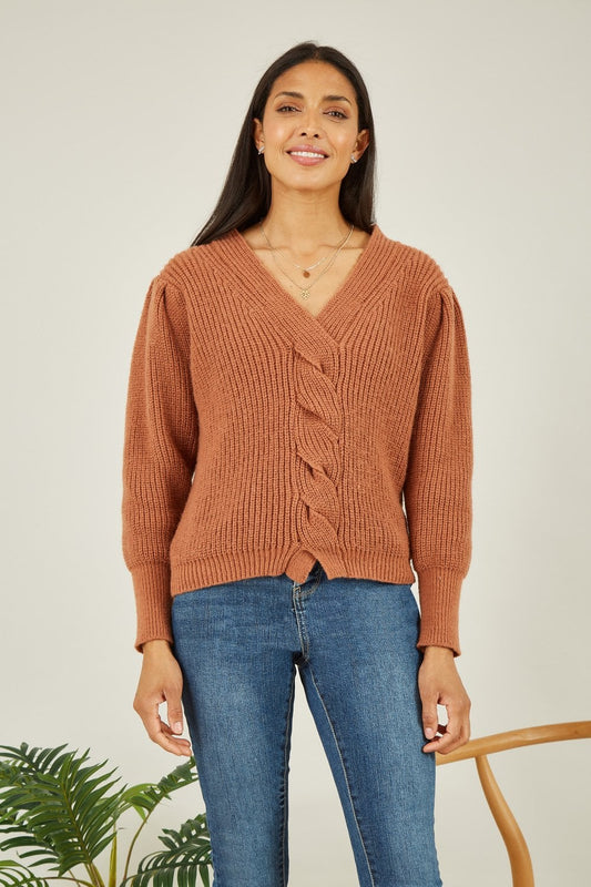 Mela Brown Slash Neck Cable Knit Jumper Mela