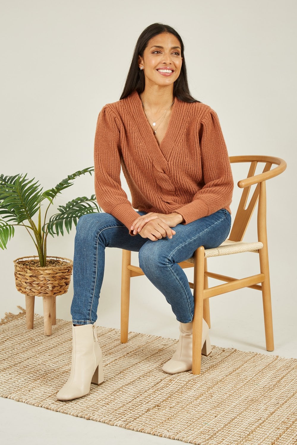 Mela Brown Slash Neck Cable Knit Jumper Mela