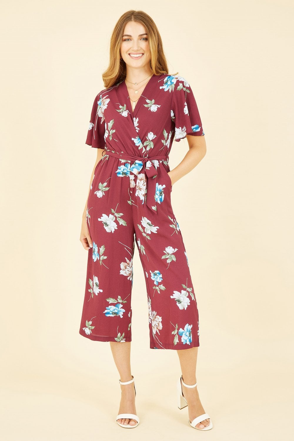 Mela Burgundy Floral Print Jumpsuit With Angel Sleeves Mela