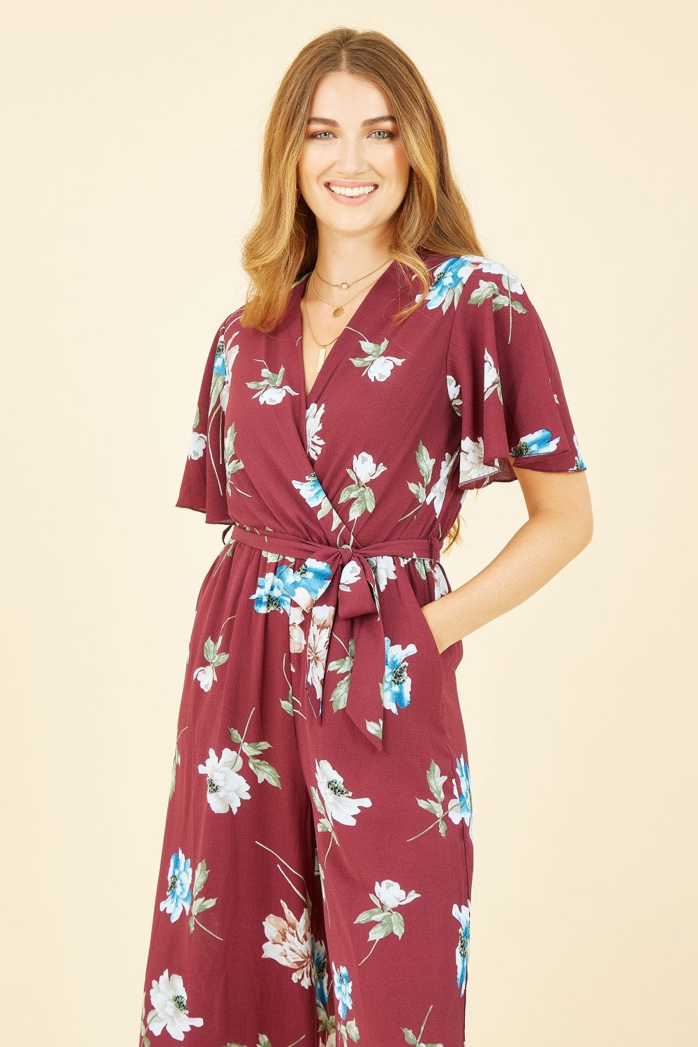 Mela Burgundy Floral Print Jumpsuit With Angel Sleeves Mela