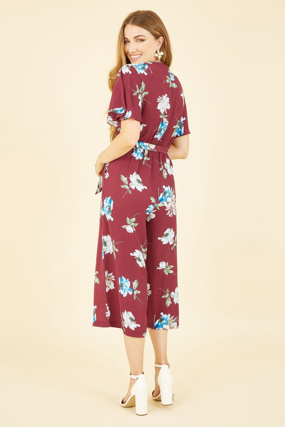 Mela Burgundy Floral Print Jumpsuit With Angel Sleeves Mela