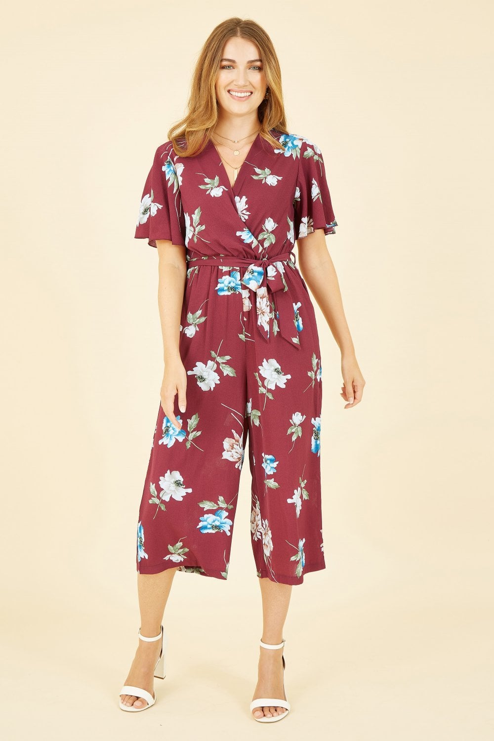 Mela Burgundy Floral Print Jumpsuit With Angel Sleeves Mela