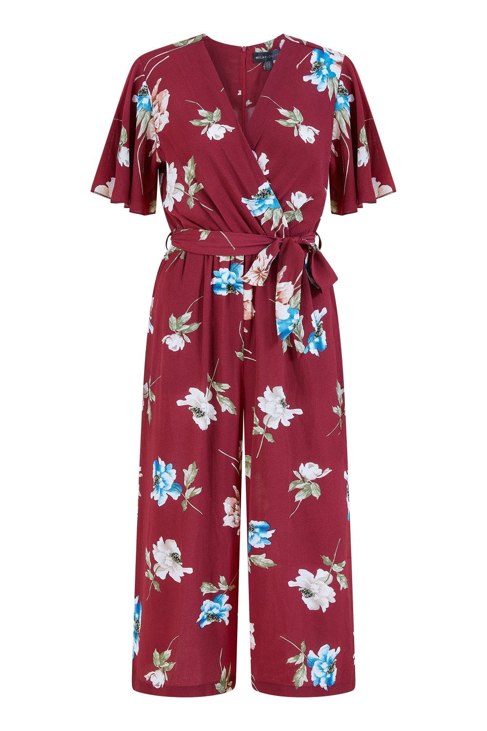 Mela Burgundy Floral Print Jumpsuit With Angel Sleeves Mela