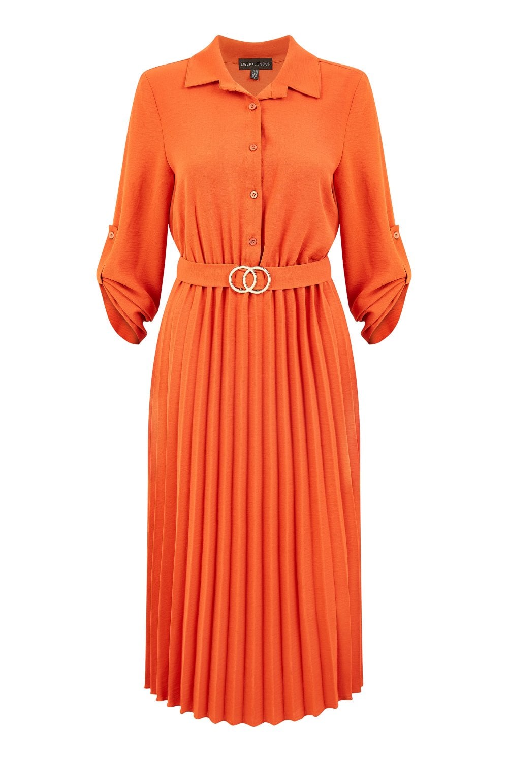 Mela Burnt Orange Pleated Skirt Midi Dress With Gold Buckle Yumi