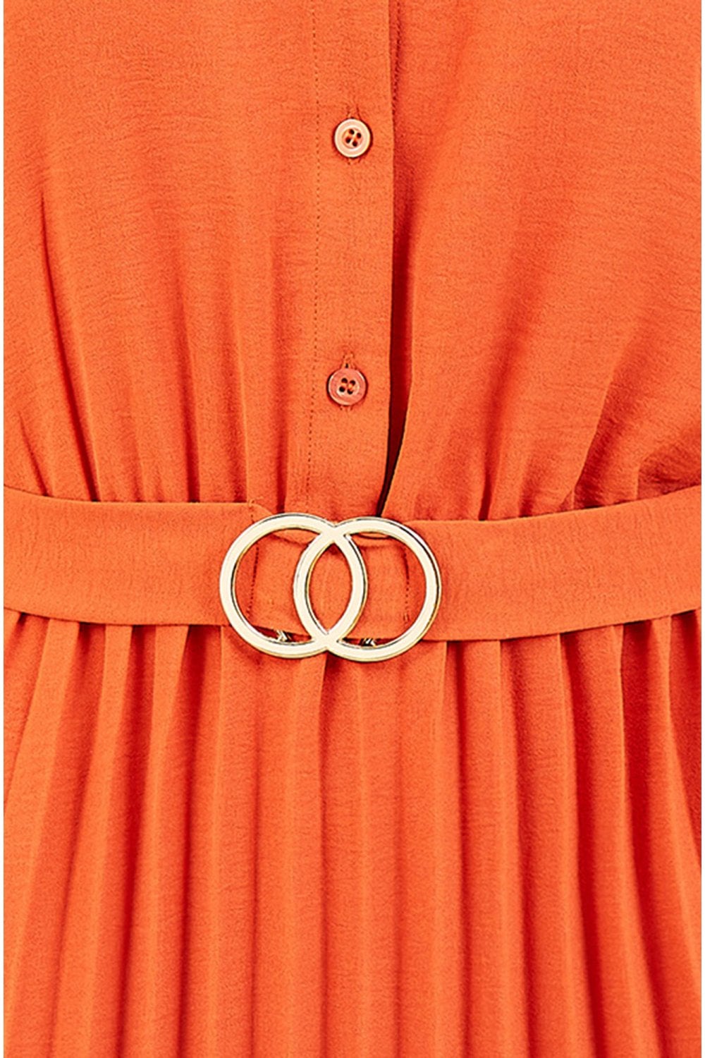 Mela Burnt Orange Pleated Skirt Midi Dress With Gold Buckle Yumi